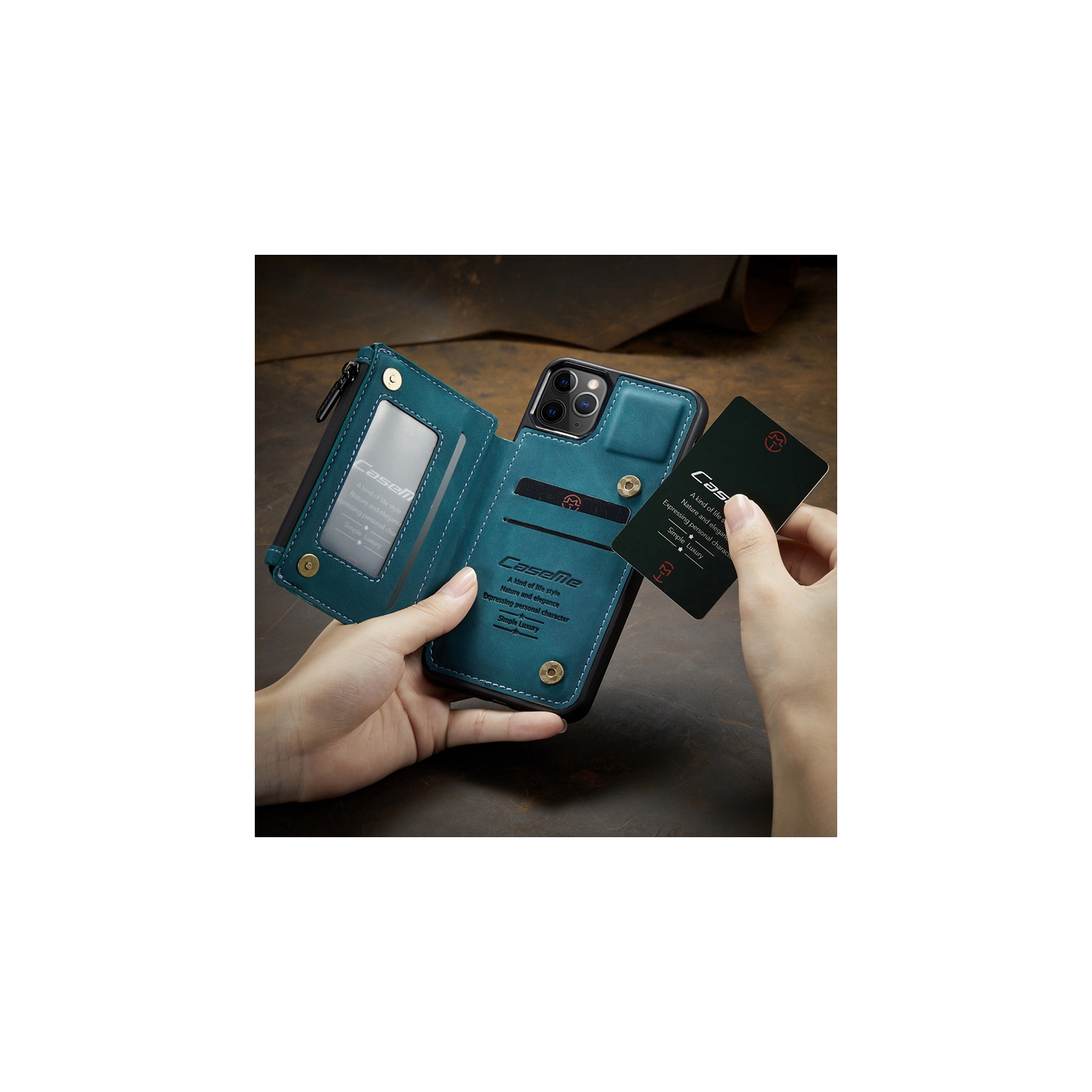 CaseMe Leather Zipper Wallet Card Slot Double Magnetic Clasp Shockproof Back Case Cover for iPhone 13 PRO -Blue