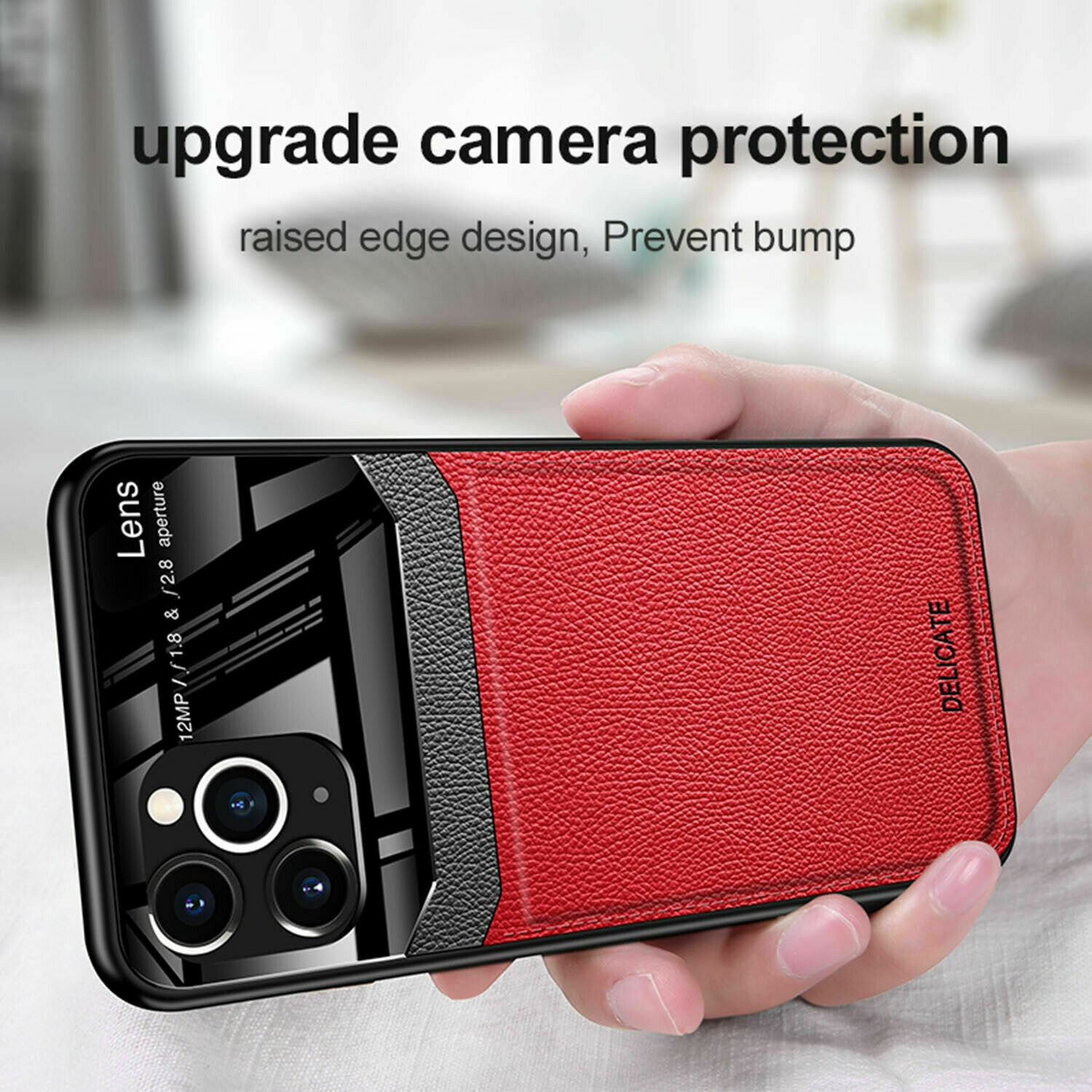 DELFIN Leather Case Anti Slide Camera Protection Shockproof cover Plexiglass Bumper Phone Case Slim Cover for iPhone 13 -Red