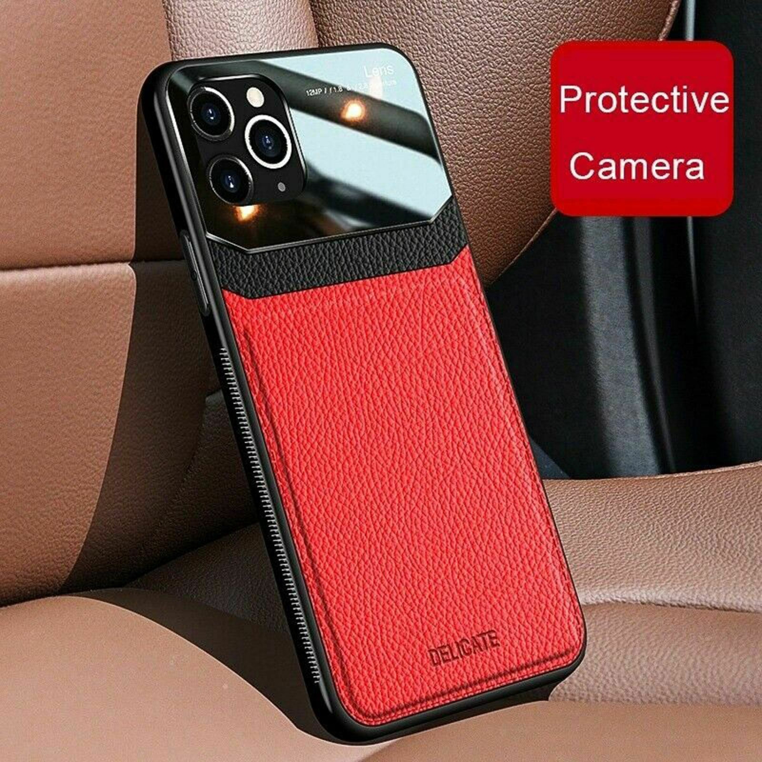 DELFIN Leather Case Anti Slide Camera Protection Shockproof cover Plexiglass Bumper Phone Case Slim Cover for iPhone 13 -Red
