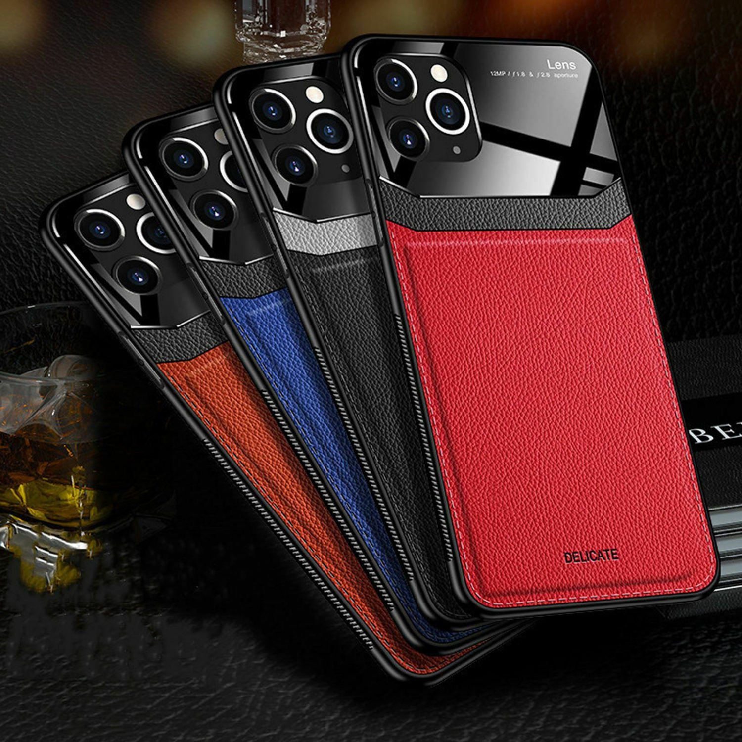 DELFIN Leather Case Anti Slide Camera Protection Shockproof cover Plexiglass Bumper Phone Case Slim Cover for iPhone 13 -Red