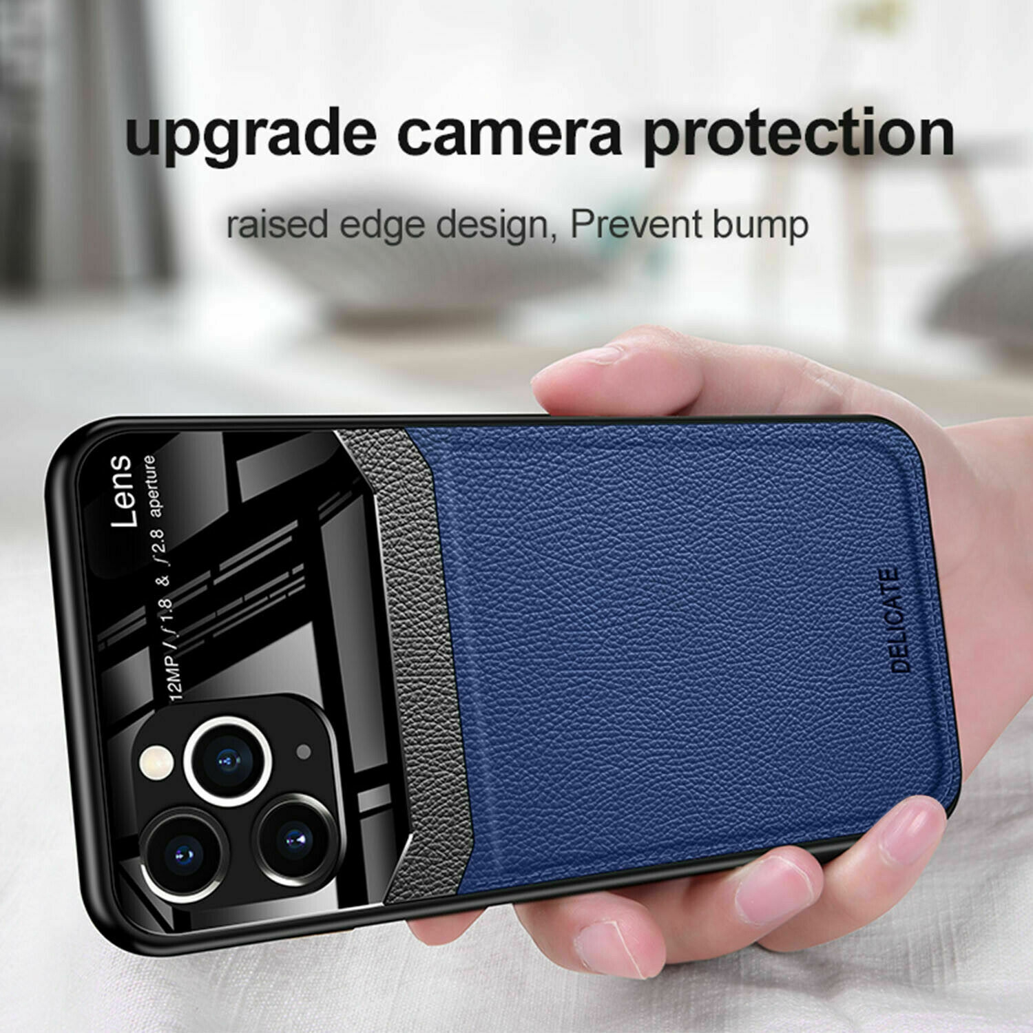 DELFIN Leather Case Anti Slide Camera Protection Shockproof cover Plexiglass Bumper Phone Case Slim Cover for iPhone 13 -Blue