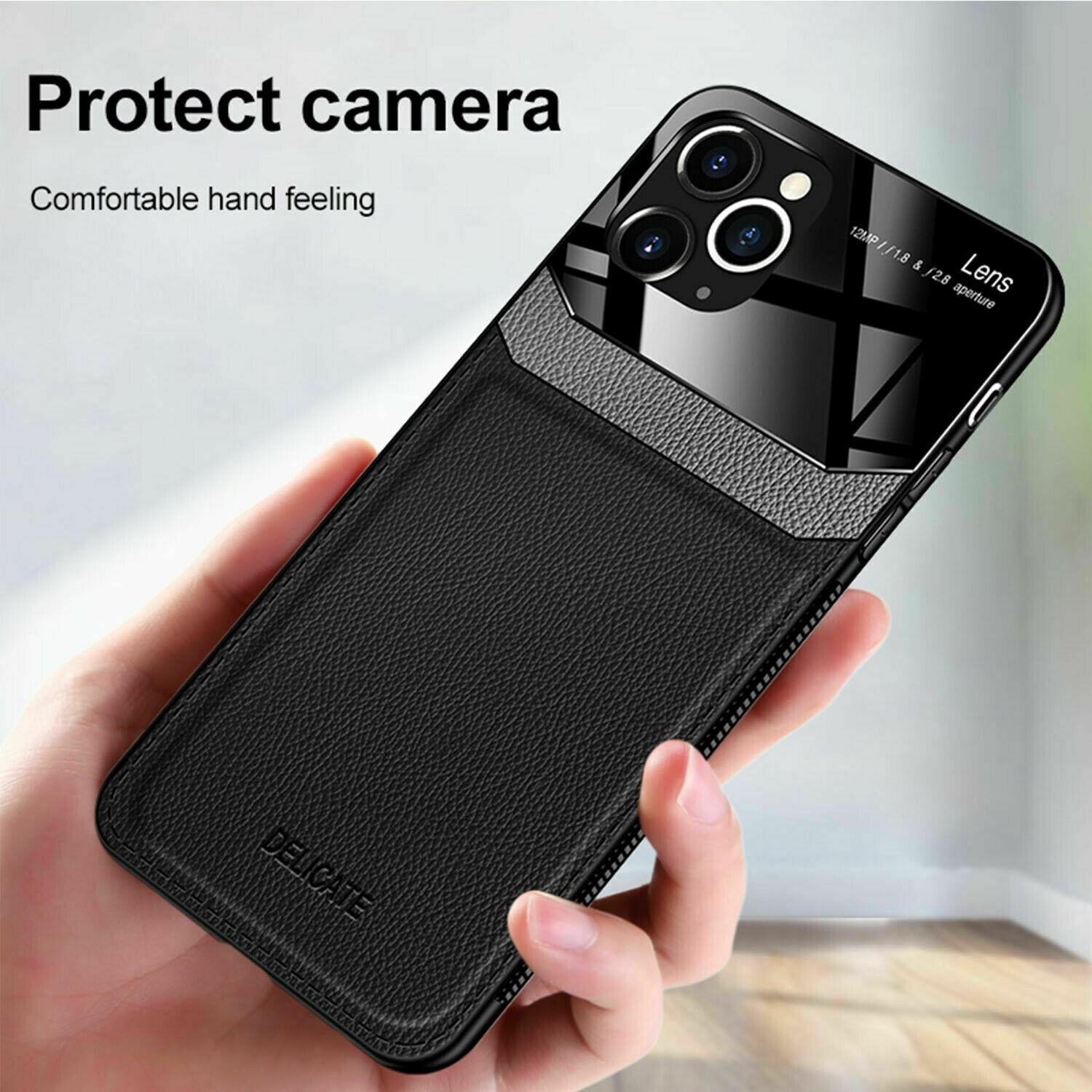 DELFIN Leather Case Anti Slide Camera Protection Shockproof cover Plexiglass Bumper Phone Case Slim Cover for iPhone 13 PRO MAX -Black