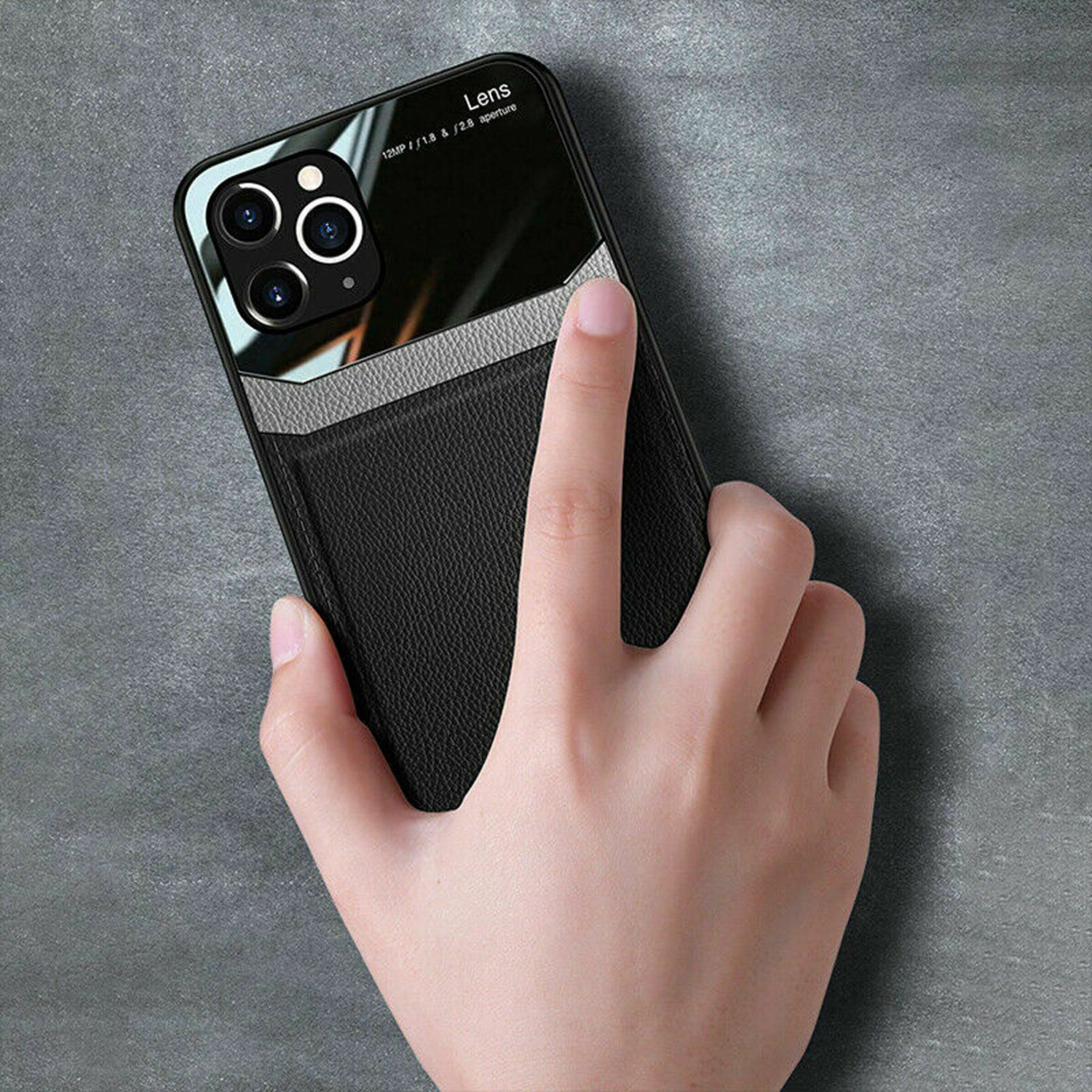 DELFIN Leather Case Anti Slide Camera Protection Shockproof cover Plexiglass Bumper Phone Case Slim Cover for iPhone 13 PRO MAX -Black