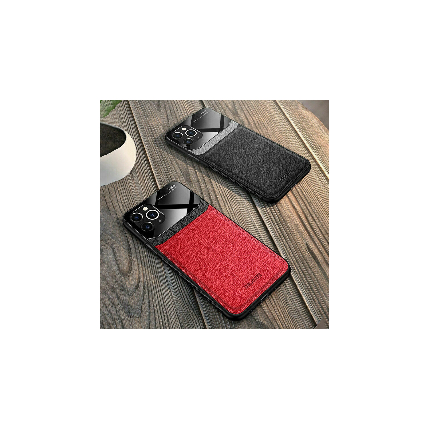 DELFIN Leather Case Anti Slide Camera Protection Shockproof cover Plexiglass Bumper Phone Case Slim Cover for iPhone 13 PRO MAX -Black