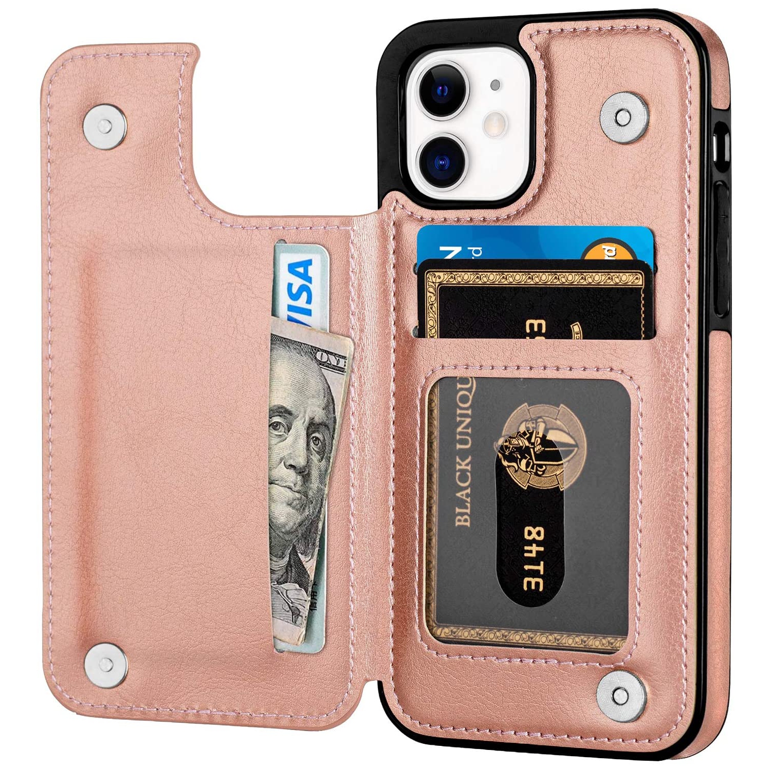 Loris & Case High Quality Leather Back Case Kickstand Shockproof Protective Card Holder Wallet Cover Case for iPhone 13 PRO MAX -Pink (FREE SHIPPING)