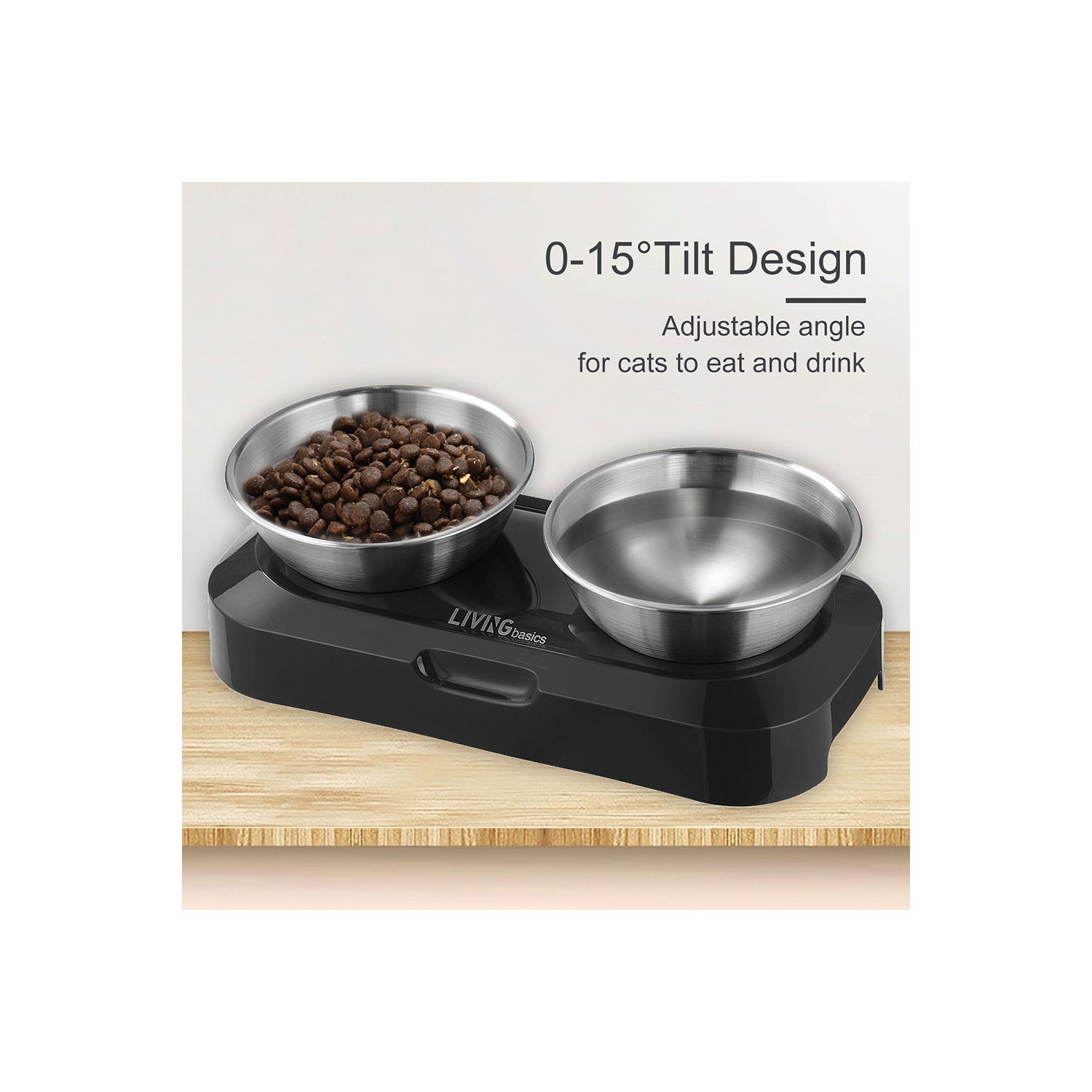 Elevated Dog Cat Bowls 15°Tilted Raised Cat Food and Water Bowls,With Anti Slip Stand and 2 Stainless Steel Dog Bowls For Cats, Dogs and Pets