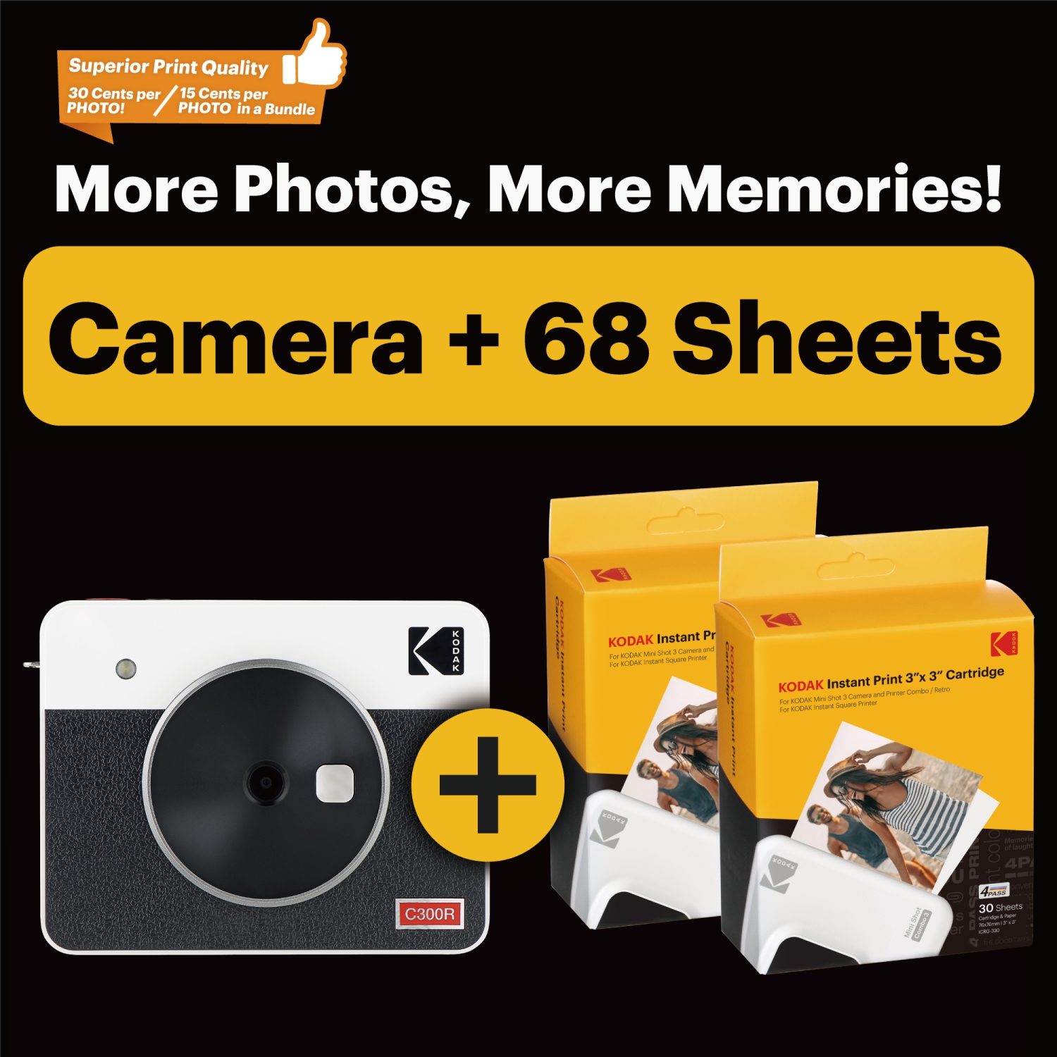 KODAK Mini Shot 3 Retro 4PASS 2-in-1 Instant Digital Camera and Photo  Printer (3x3 inches) + 68 Sheets Gift Bundle, Yellow Printer + 68 Sheets +  Accessories Yellow
