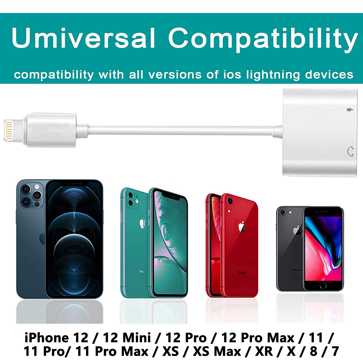2 in 1 Dual Lightning Adapter & Splitter, Replacement iPhone Dongle Converter Cable Headphone Music+Charge+Call+Volume Control Compatible for iPhone