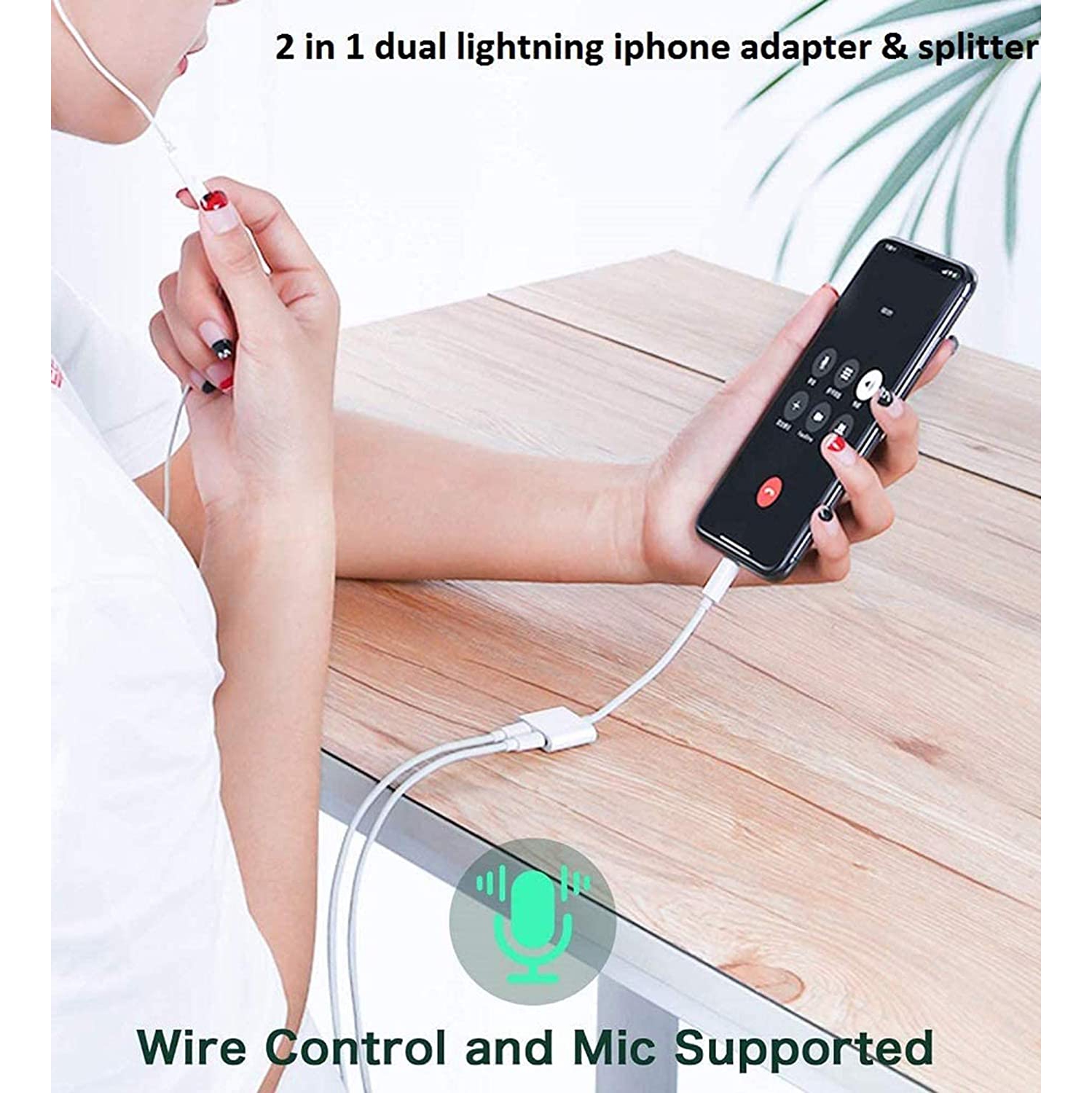 2 in 1 Dual Lightning Adapter & Splitter, Replacement iPhone Dongle Converter Cable Headphone Music+Charge+Call+Volume Control Compatible for iPhone