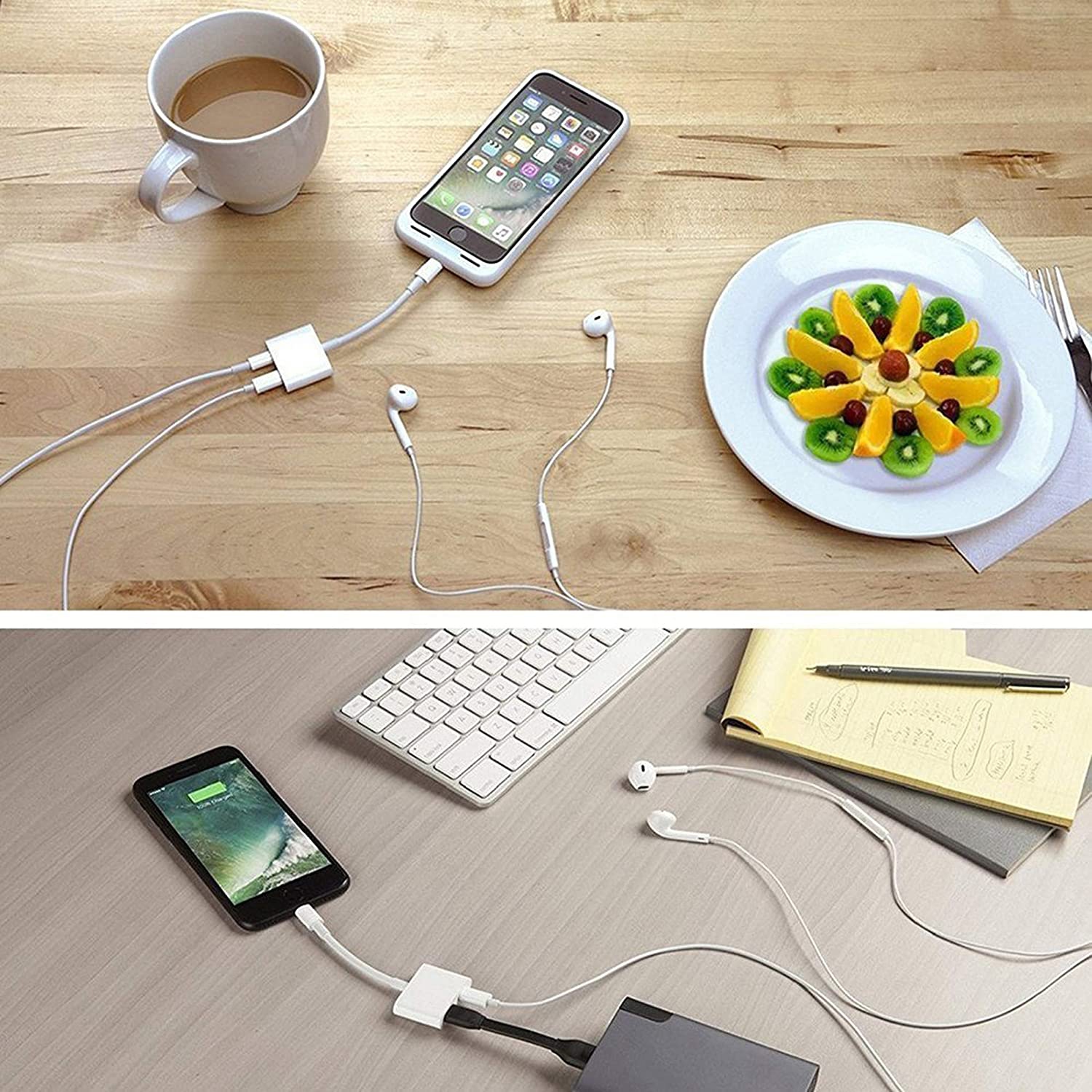 2 in 1 Dual Lightning Adapter & Splitter, Replacement iPhone Dongle Converter Cable Headphone Music+Charge+Call+Volume Control Compatible for iPhone