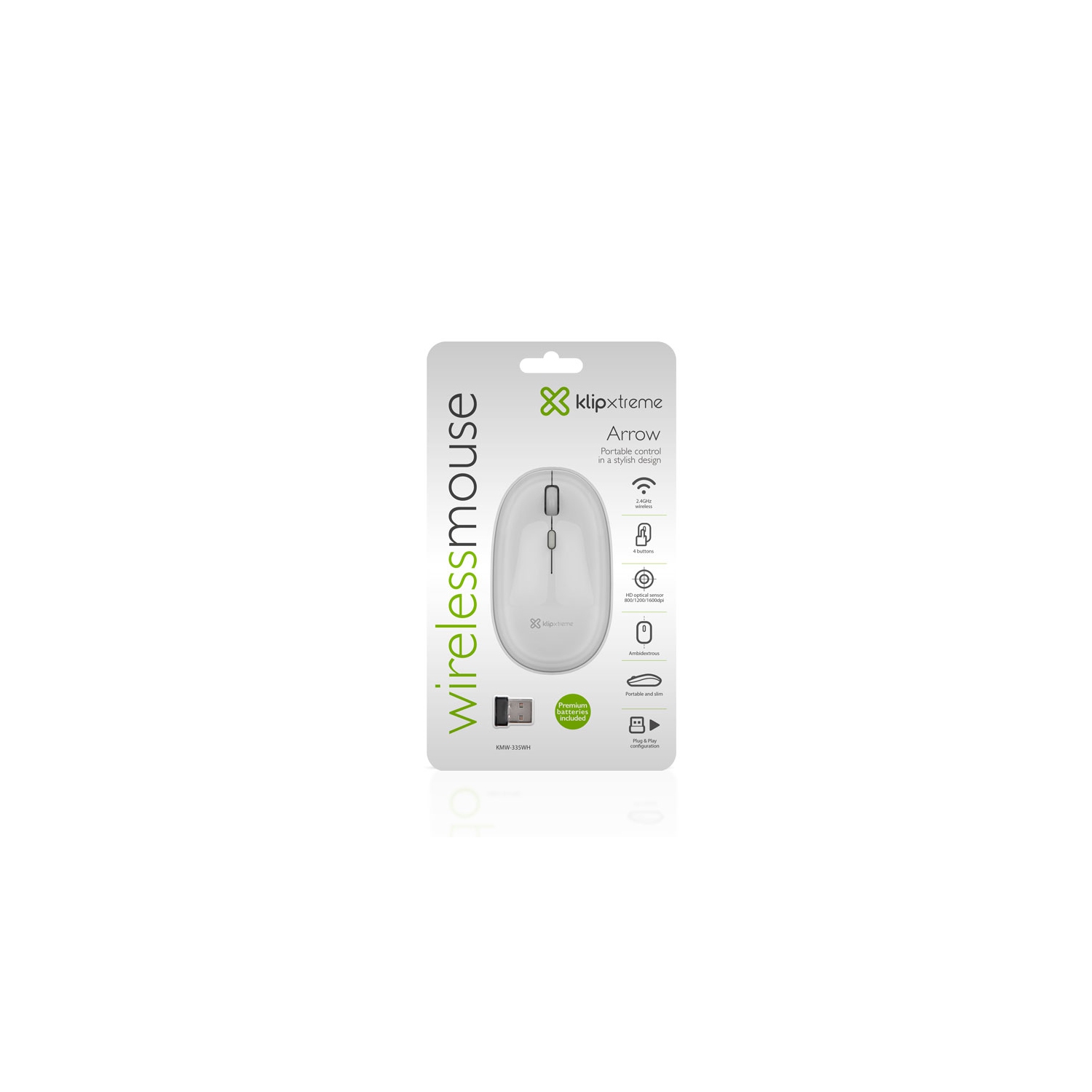 Klipxtreme Mouse Wireless Slim 2.4Ghz HD Optical Sensor 1600dpi 4 Buttons Ambidextrous USB Nano Dongle - White