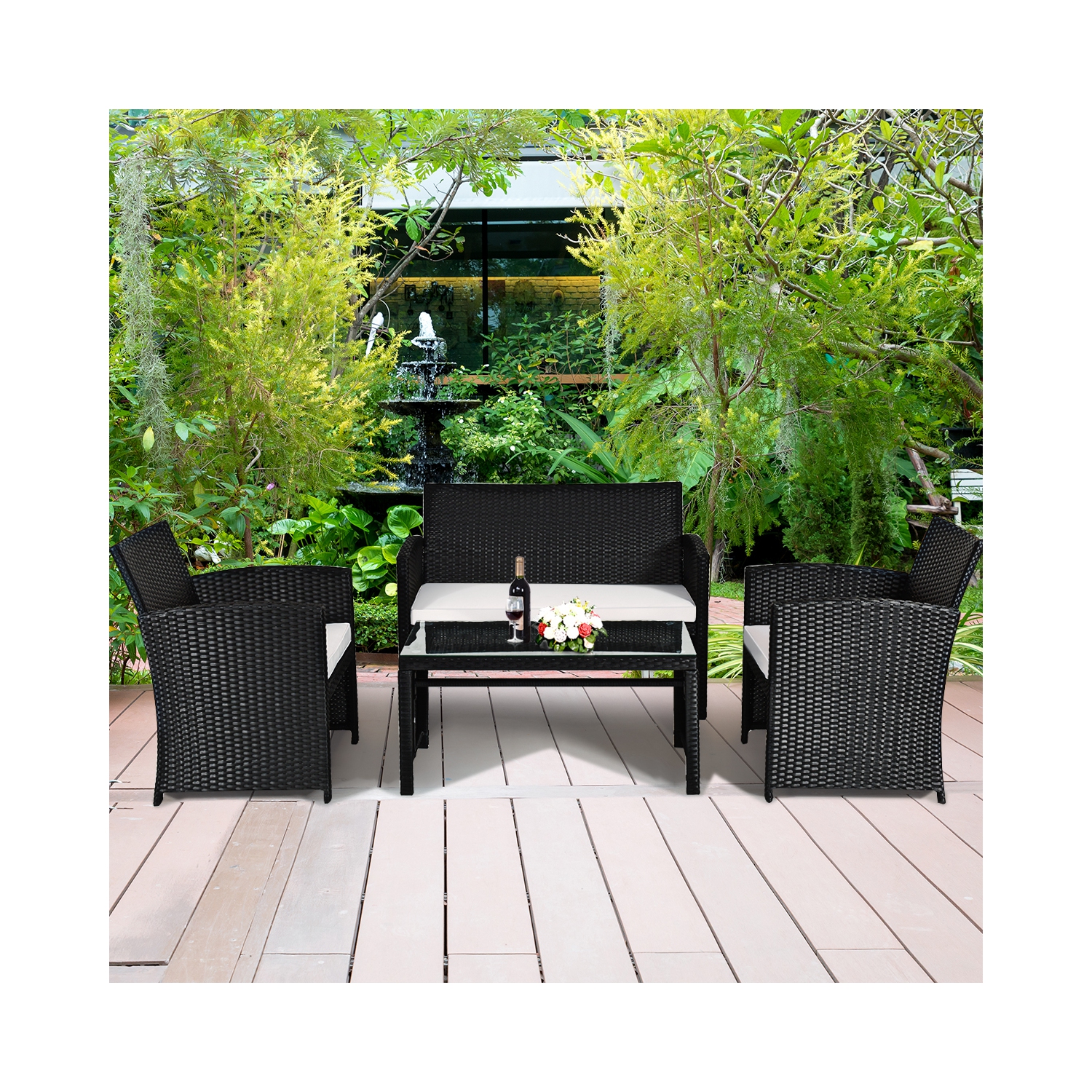 TopBuy – Ensemble de meubles de patio en rotin noir de 4 pièces avec siège rembourré en osier pour le jardin, le porche, la pelouse