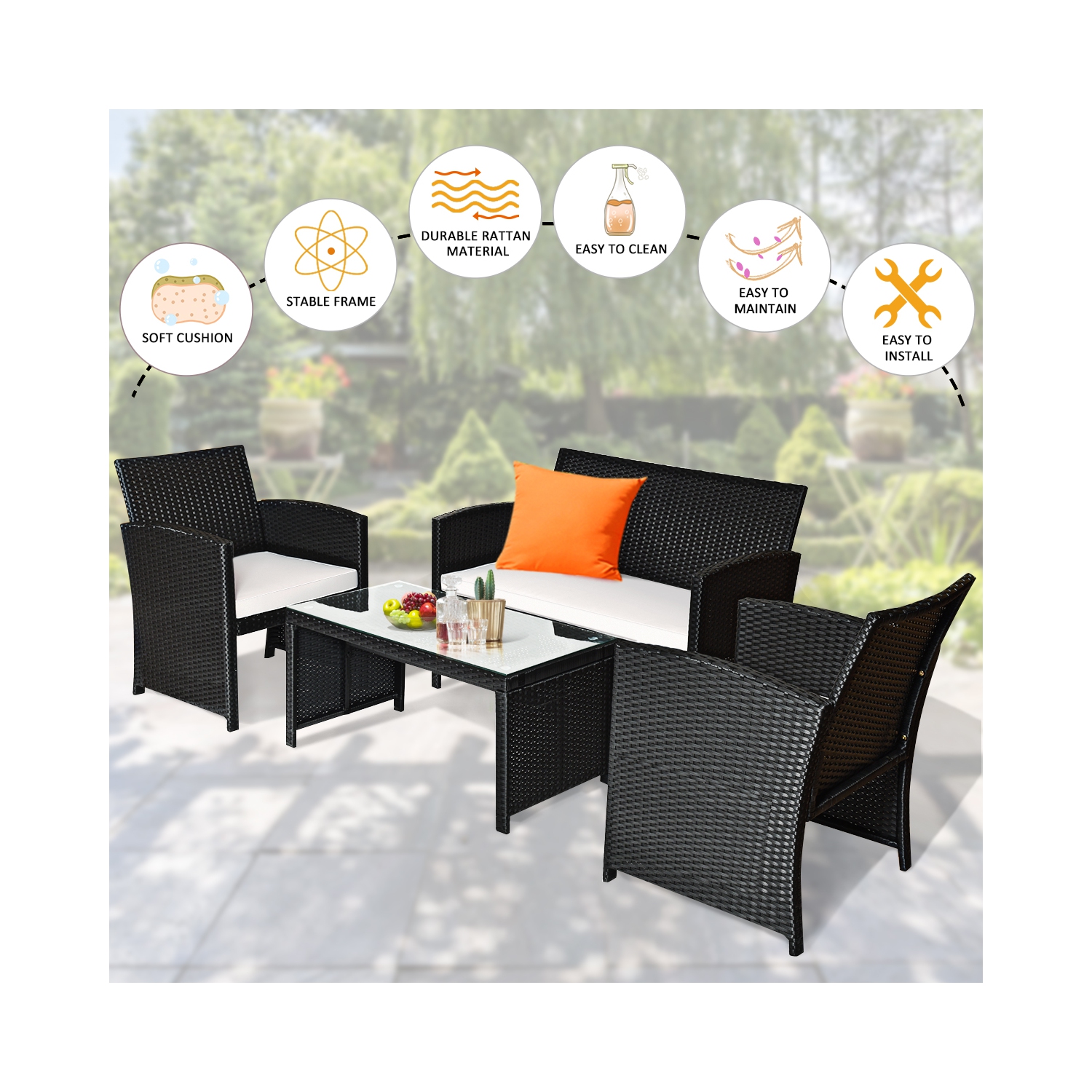 TopBuy – Ensemble de meubles de patio en rotin noir de 4 pièces avec siège rembourré en osier pour le jardin, le porche, la pelouse