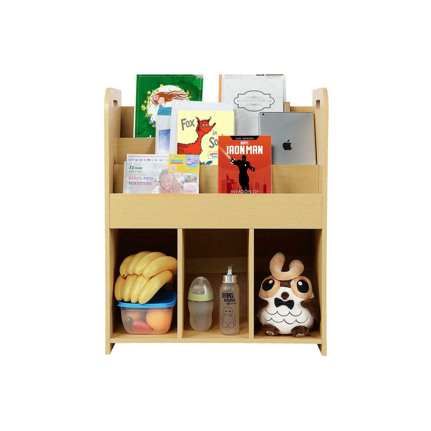 Bibliothèque pour enfants, étagère à 3 niveaux, 3 compartiments inférieurs de rangement et poignées faciles à déplacer