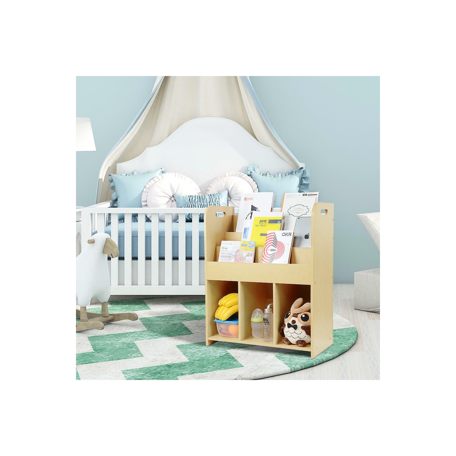 Bibliothèque pour enfants, étagère à 3 niveaux, 3 compartiments inférieurs de rangement et poignées faciles à déplacer