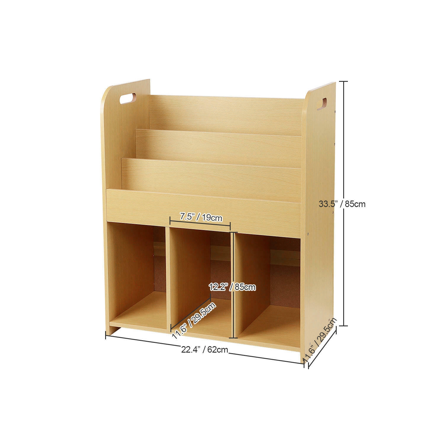 Bibliothèque pour enfants, étagère à 3 niveaux, 3 compartiments inférieurs de rangement et poignées faciles à déplacer