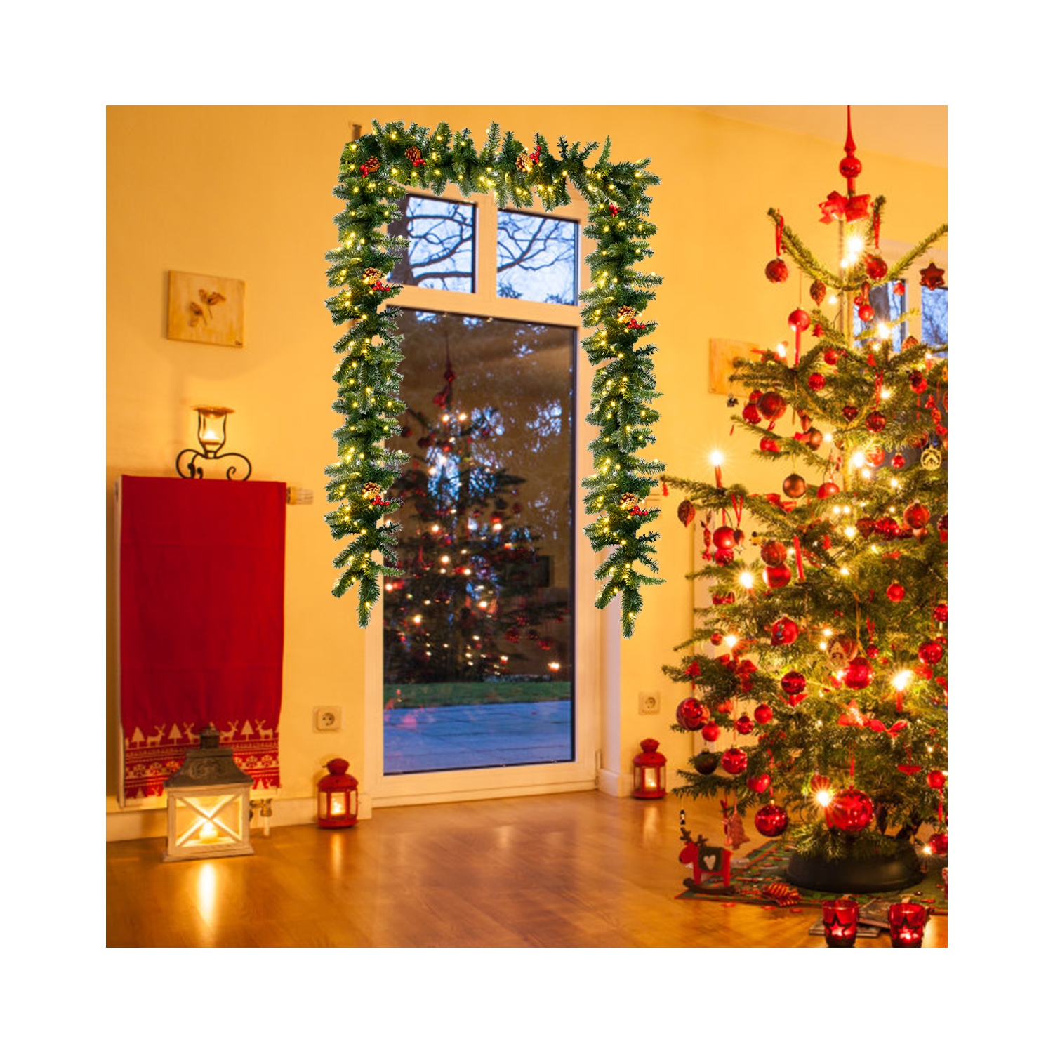 Topbuy 9FT Pre-lit Pine Christmas Garland Artificial Christmas Decoration Rattan with 100 LED Lights