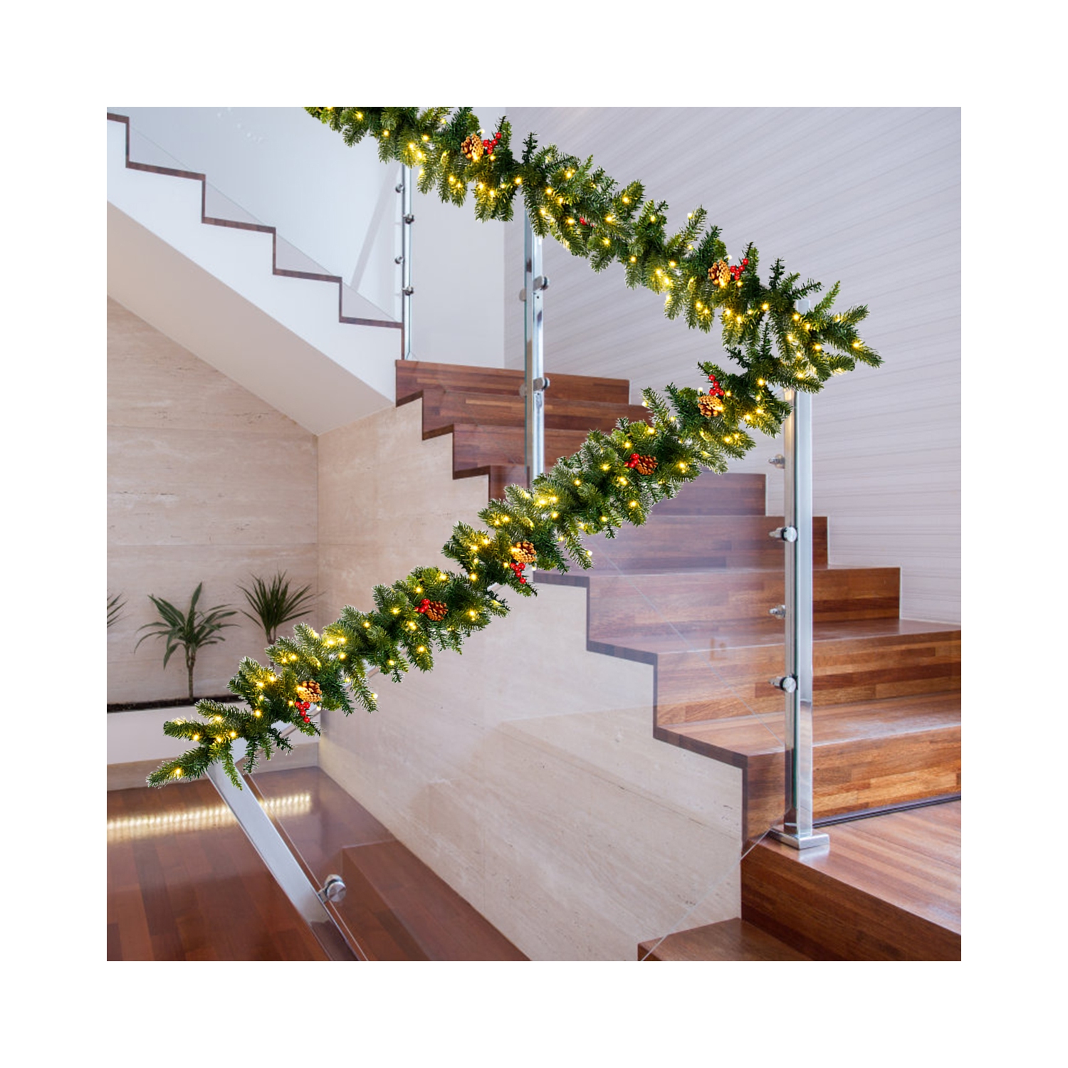 Topbuy 9FT Pre-lit Pine Christmas Garland Artificial Christmas Decoration Rattan with 100 LED Lights