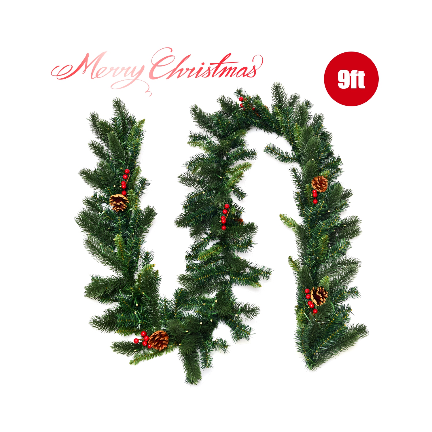 Topbuy 9FT Pre-lit Pine Christmas Garland Artificial Christmas Decoration Rattan with 100 LED Lights