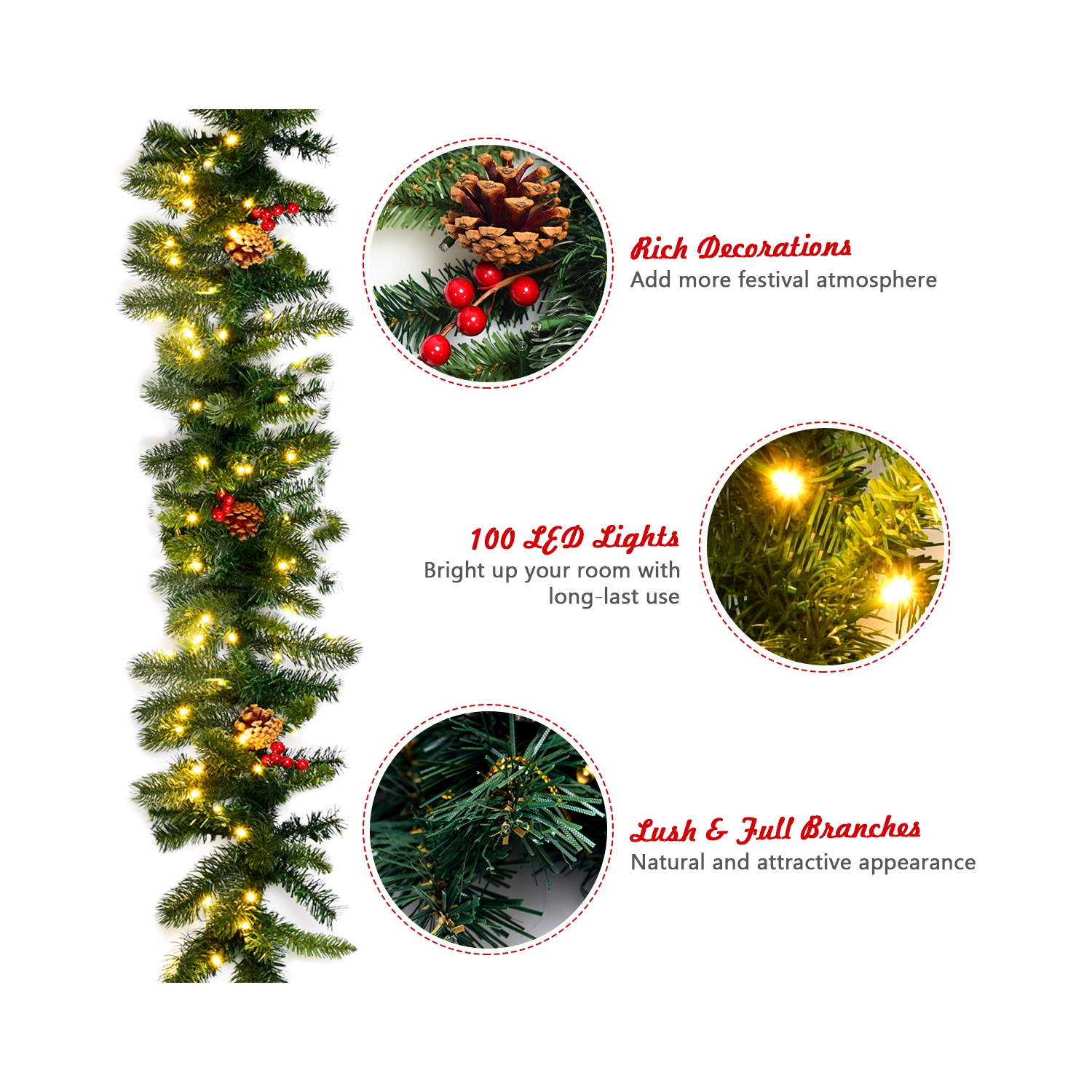 Topbuy 9FT Pre-lit Pine Christmas Garland Artificial Christmas Decoration Rattan with 100 LED Lights