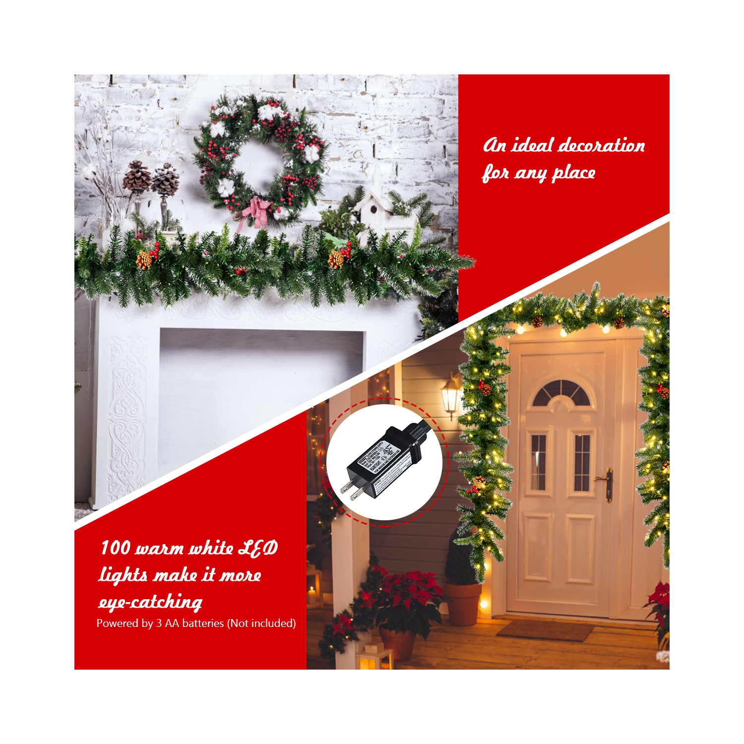 Topbuy 9FT Pre-lit Pine Christmas Garland Artificial Christmas Decoration Rattan with 100 LED Lights