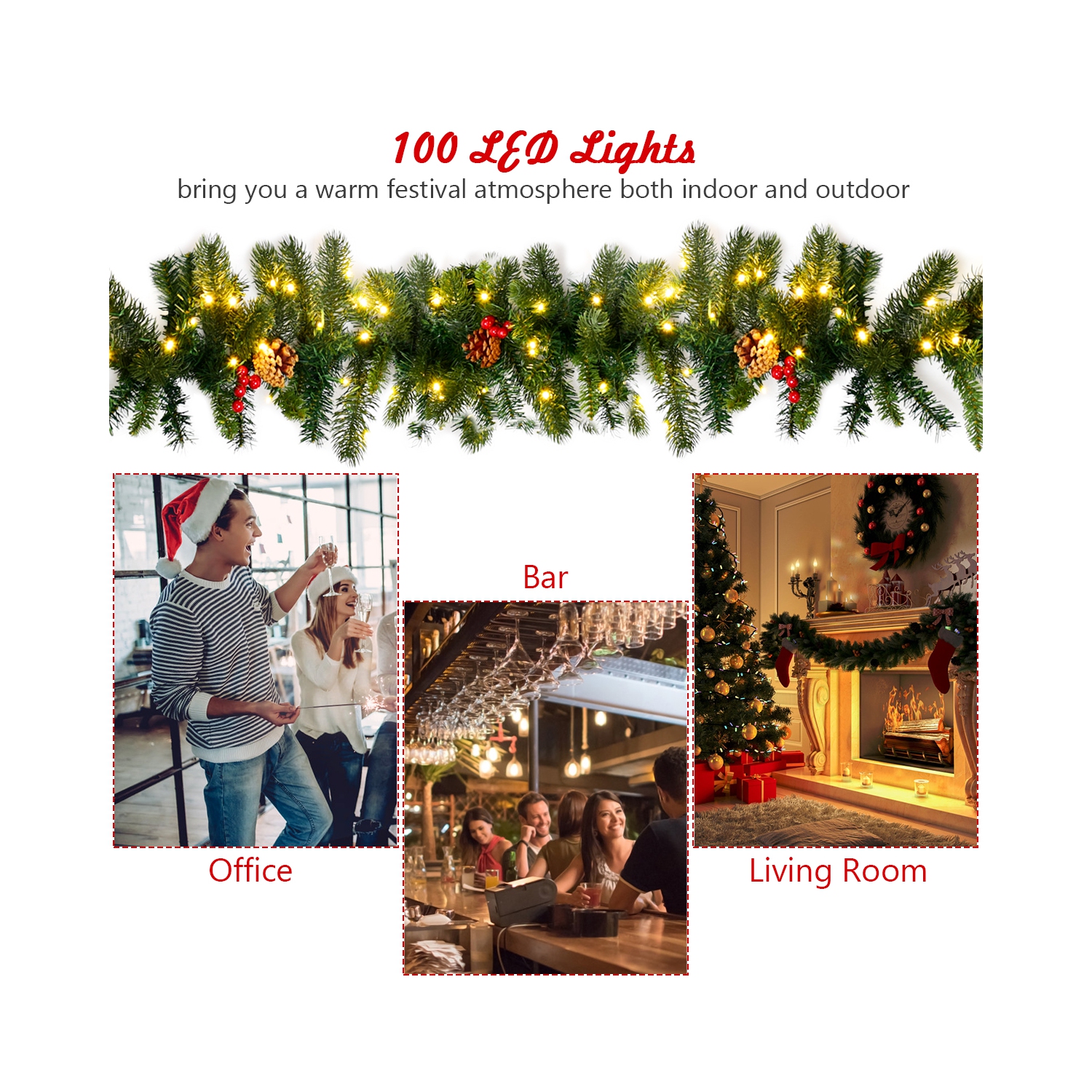 Topbuy 9FT Pre-lit Pine Christmas Garland Artificial Christmas Decoration Rattan with 100 LED Lights