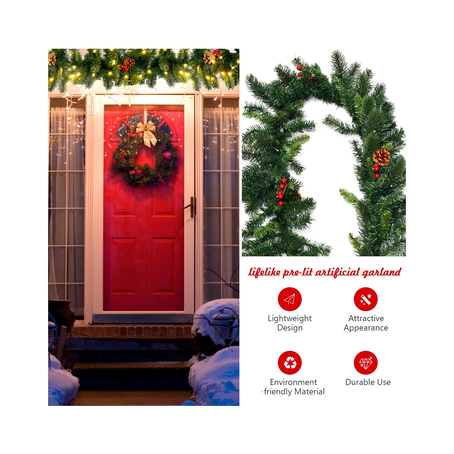 Topbuy 9FT Pre-lit Pine Christmas Garland Artificial Christmas Decoration Rattan with 100 LED Lights