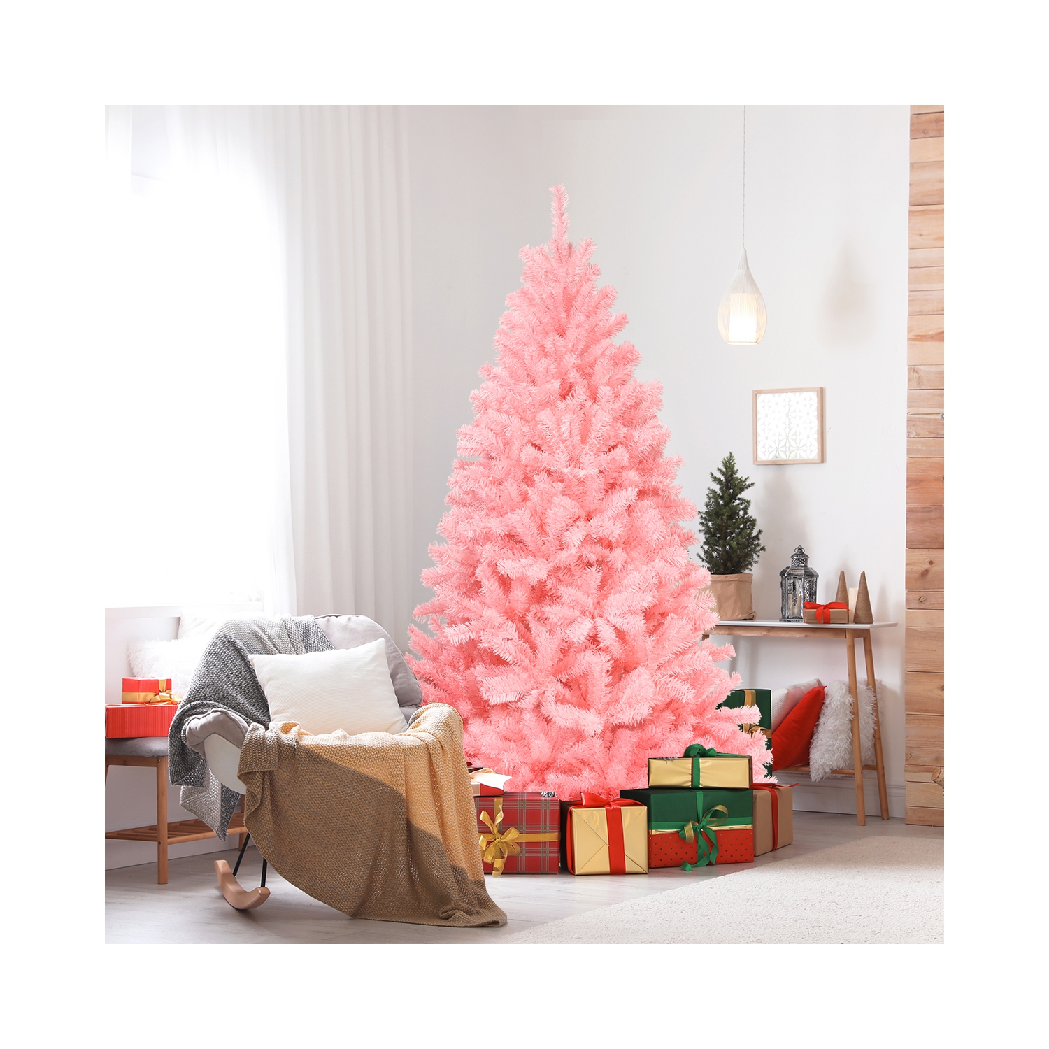 Topbuy 6Ft Artificial Christmas Tree Hinged Spruce Full Tree with Metal Stand Pink