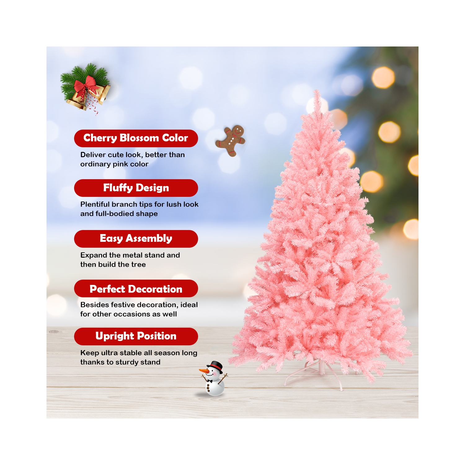 Topbuy 6Ft Artificial Christmas Tree Hinged Spruce Full Tree with Metal Stand Pink