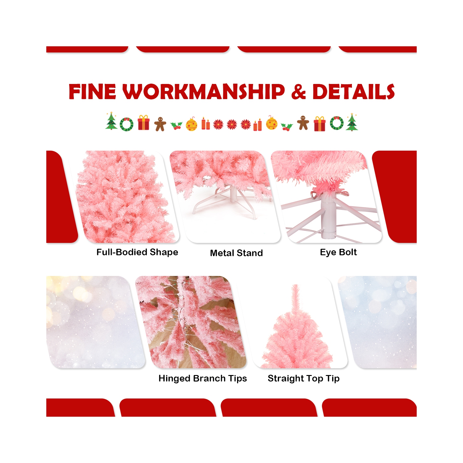 Topbuy 6Ft Artificial Christmas Tree Hinged Spruce Full Tree with Metal Stand Pink