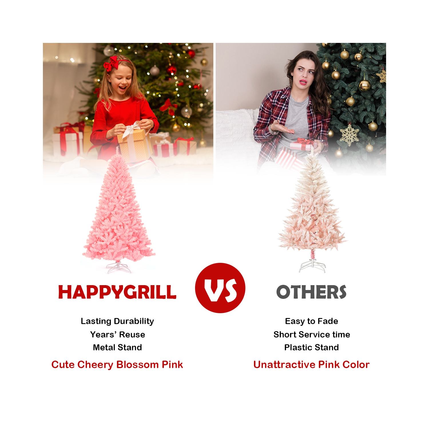 Topbuy 6Ft Artificial Christmas Tree Hinged Spruce Full Tree with Metal Stand Pink