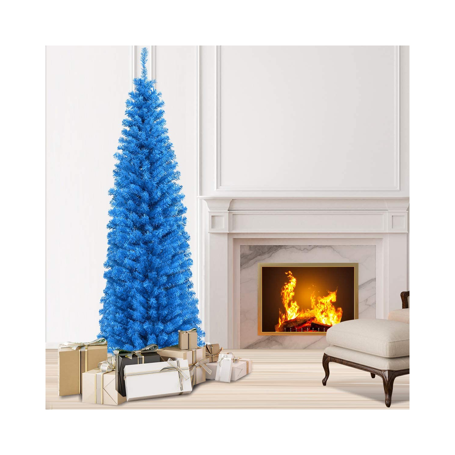 Topbuy 6FT Blue Tinsel Artificial Pencil Christmas Tree W/ Sturdy Metal Stand Seasonal Holiday Decoration for Home, Party