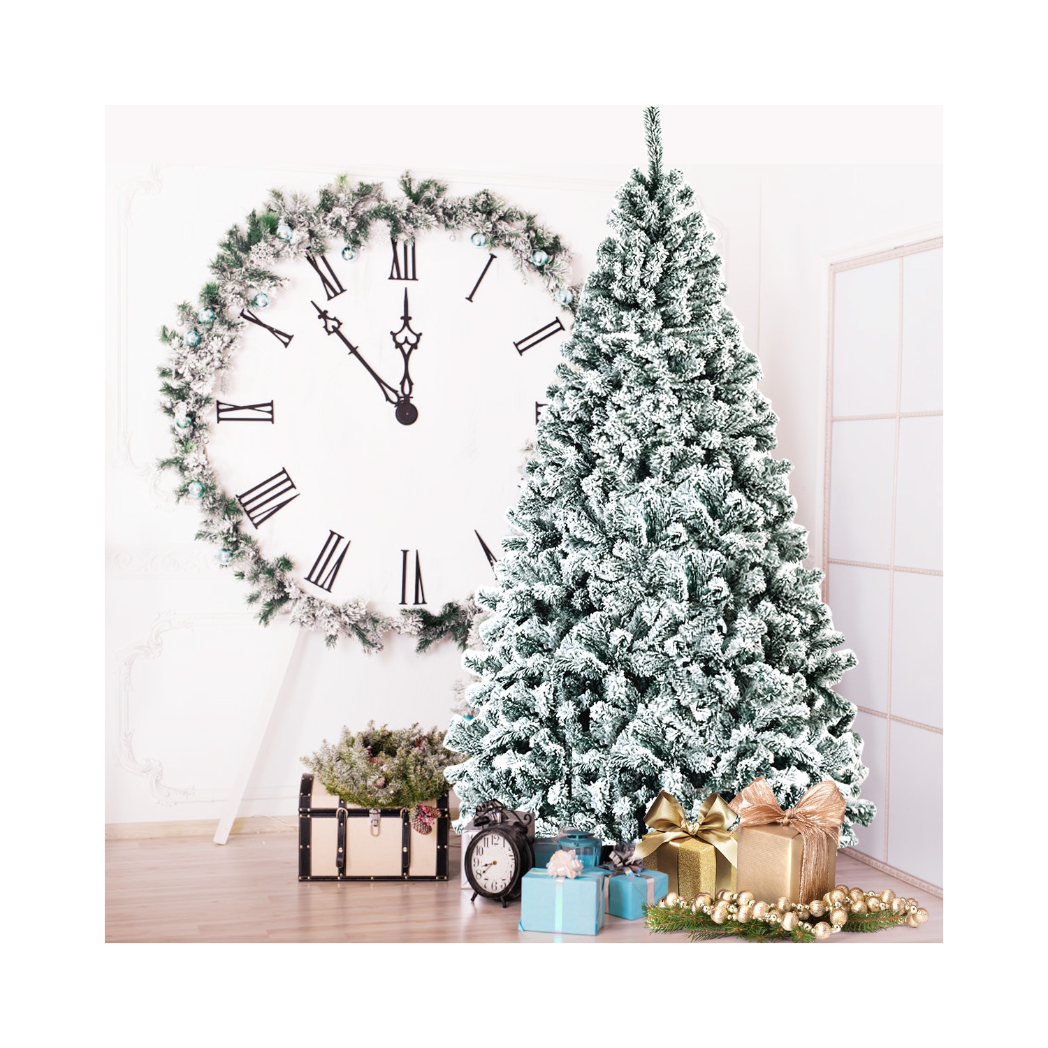 Arbre de Noël artificiel à charnières de 7,5 pi non éclairé avec support en métal floqué de neige de qualité supérieure de Topbuy