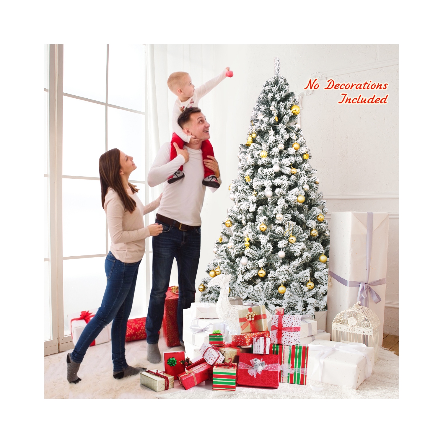 Arbre de Noël artificiel à charnières de 7,5 pi non éclairé avec support en métal floqué de neige de qualité supérieure de Topbuy