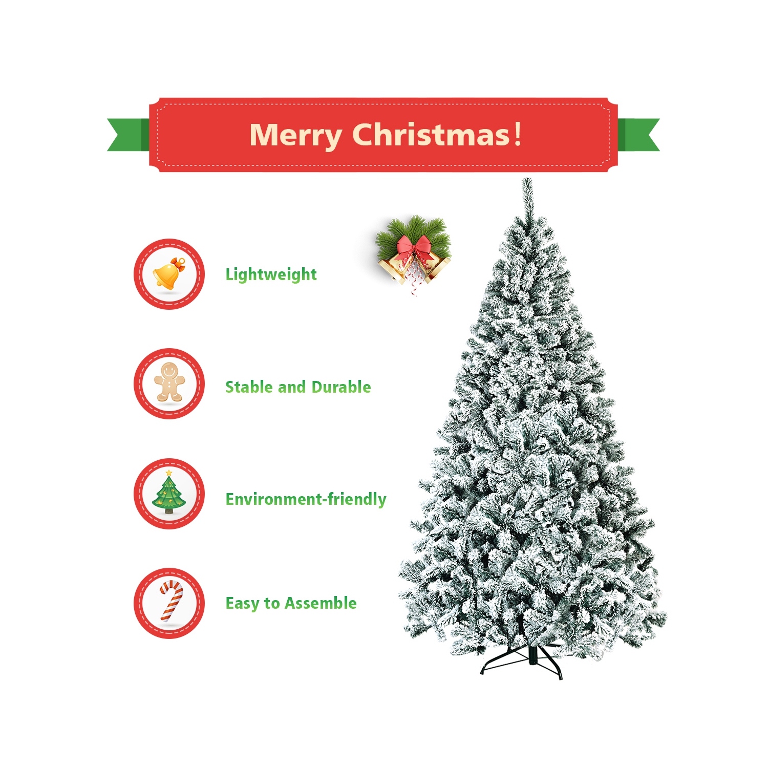 Arbre de Noël artificiel à charnières de 7,5 pi non éclairé avec support en métal floqué de neige de qualité supérieure de Topbuy