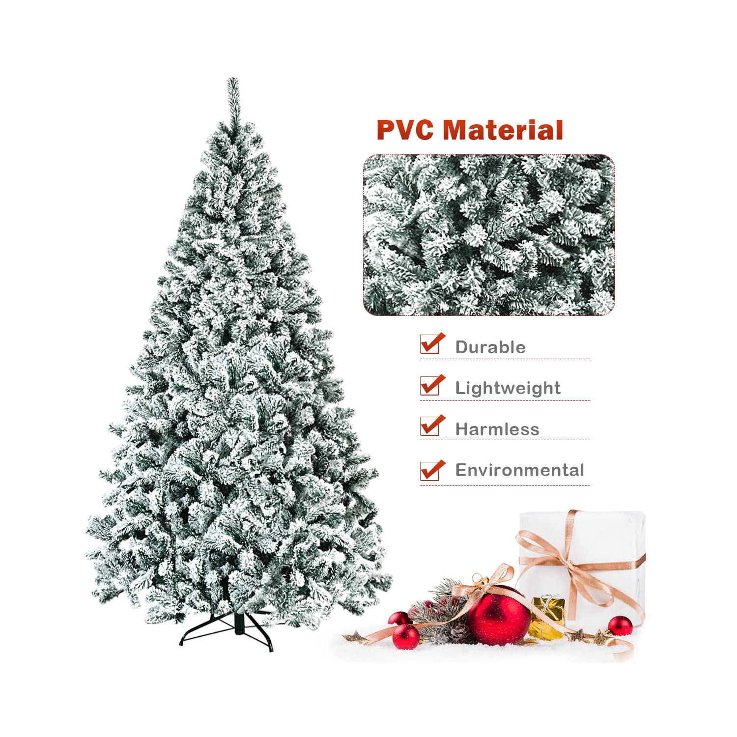 Arbre de Noël artificiel à charnières de 7,5 pi non éclairé avec support en métal floqué de neige de qualité supérieure de Topbuy