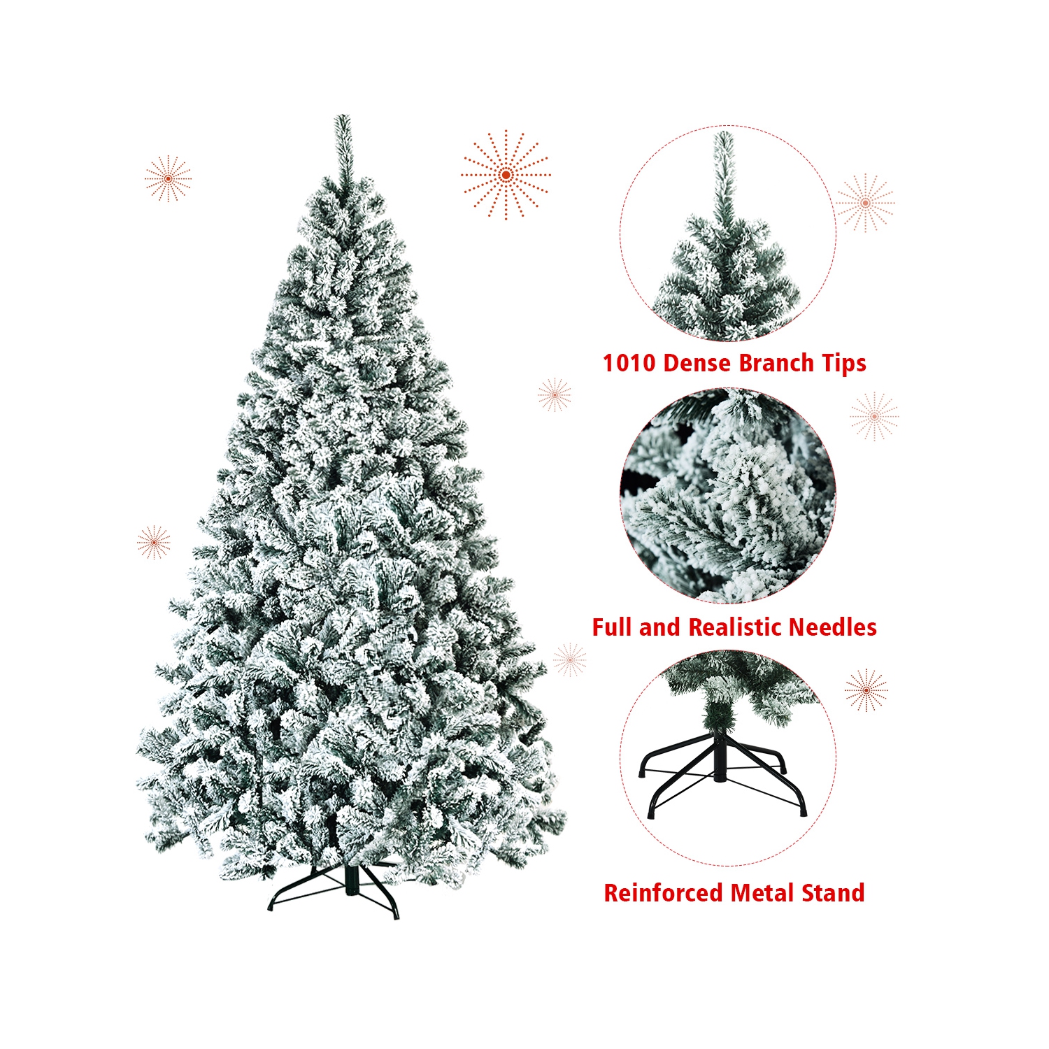 Arbre de Noël artificiel à charnières de 7,5 pi non éclairé avec support en métal floqué de neige de qualité supérieure de Topbuy
