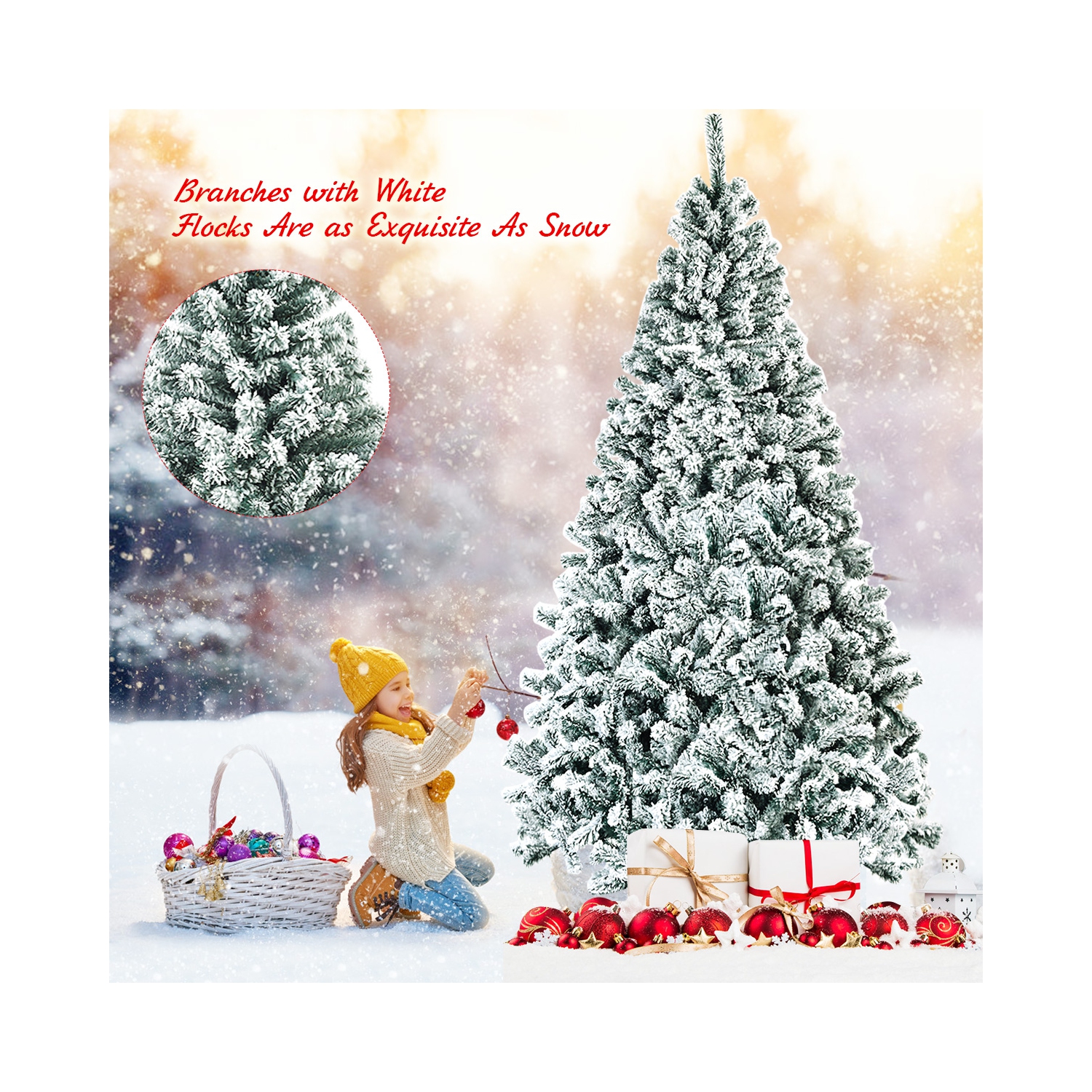 Arbre de Noël artificiel à charnières de 7,5 pi non éclairé avec support en métal floqué de neige de qualité supérieure de Topbuy