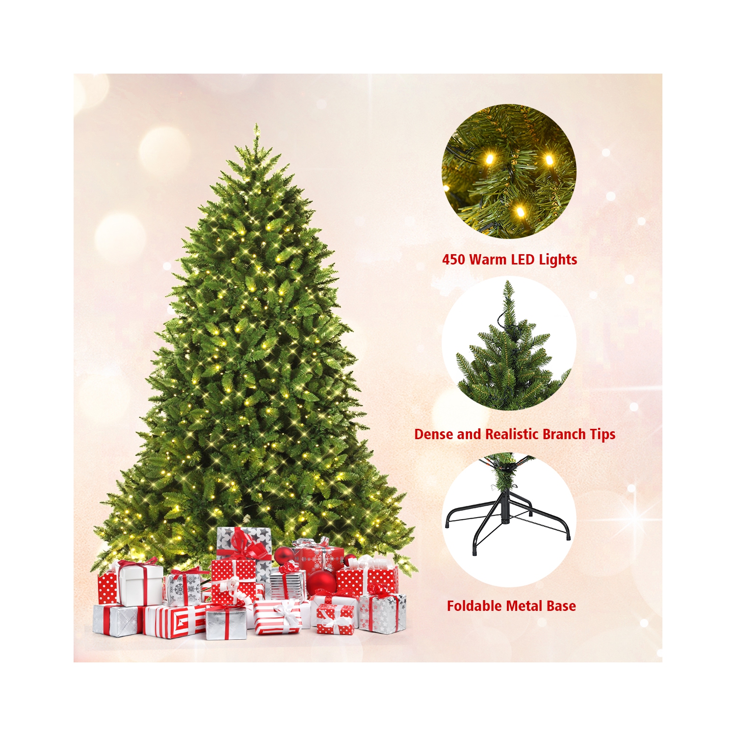 TopBuy – sapin de Noël en PVC vert artificiel de 5 pi avec support en métal et 450 lumières à DEL