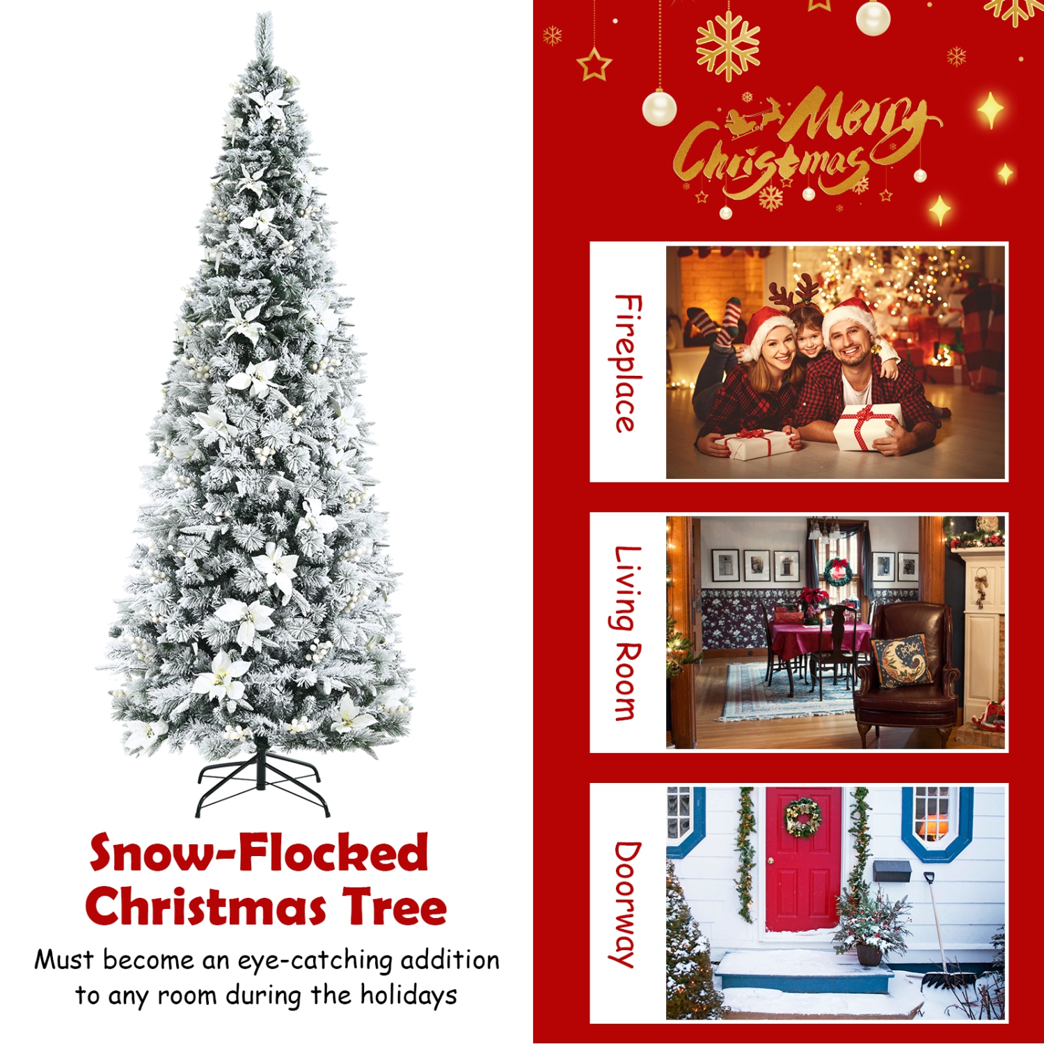 Topbuy 8FT Slim Pencil Tree Hinged Artificial Christmas Tree W/ 807 Branches Tips