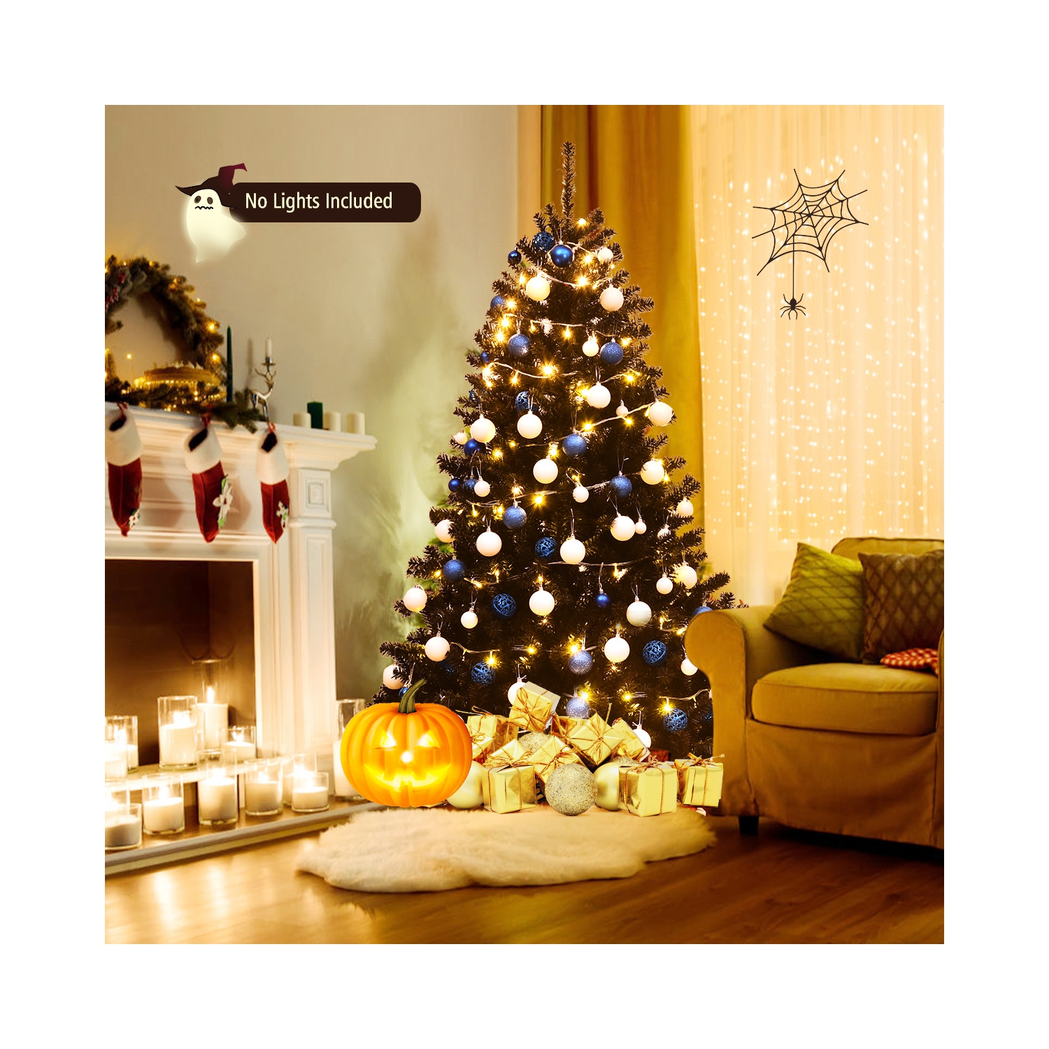 Topbuy 6Ft Artificial Christmas Tree Halloween Hinged Spruce Full Tree with Metal Stand Black