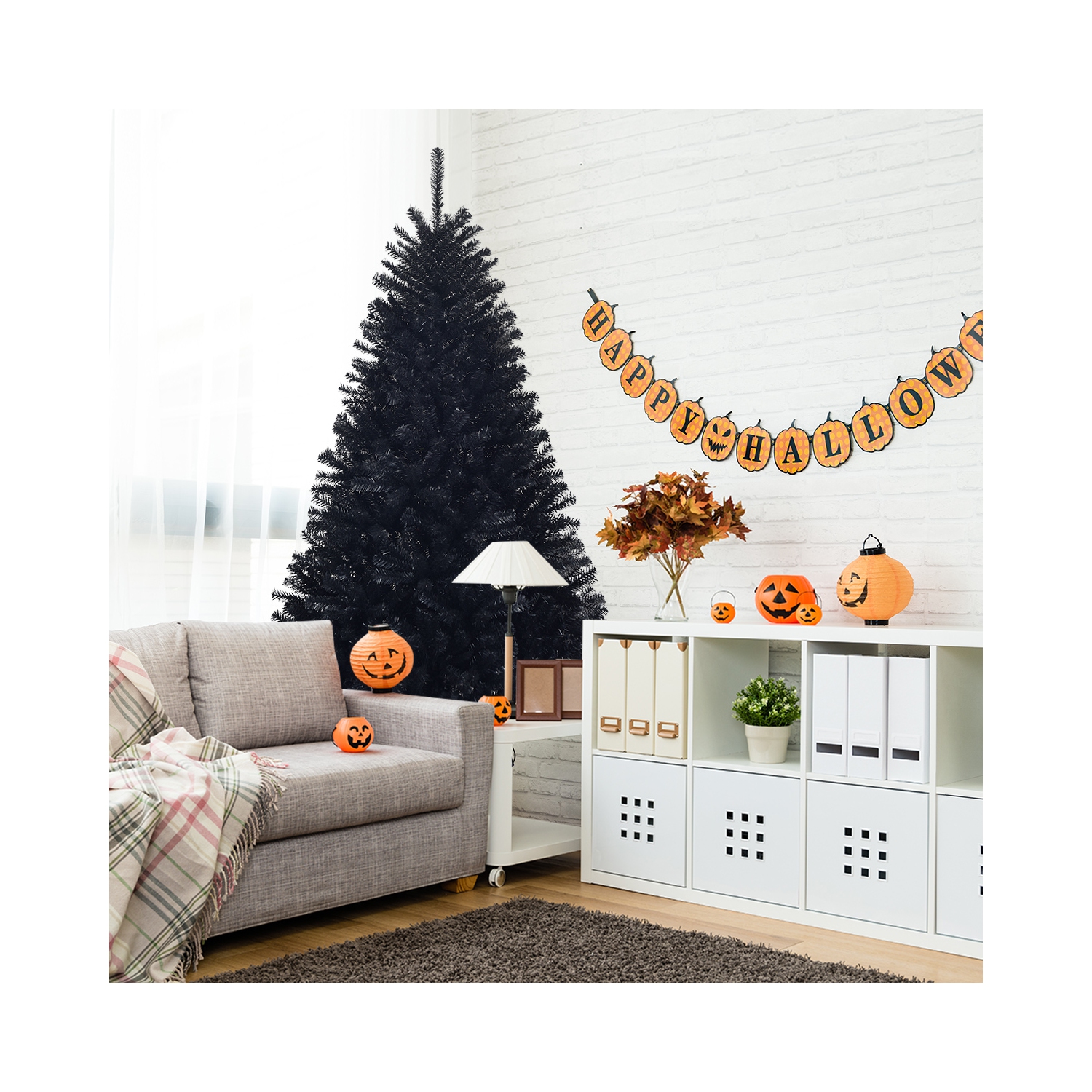 Topbuy 6Ft Artificial Christmas Tree Halloween Hinged Spruce Full Tree with Metal Stand Black