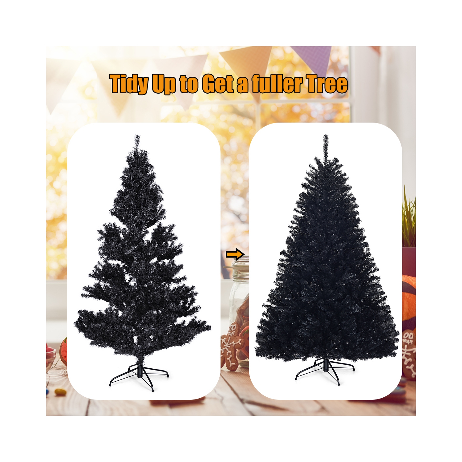 Topbuy 6Ft Artificial Christmas Tree Halloween Hinged Spruce Full Tree with Metal Stand Black