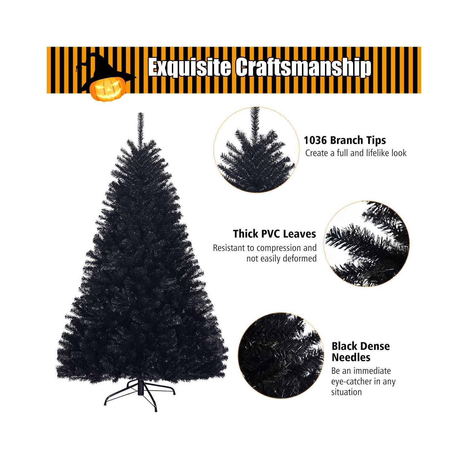 Topbuy 6Ft Artificial Christmas Tree Halloween Hinged Spruce Full Tree with Metal Stand Black