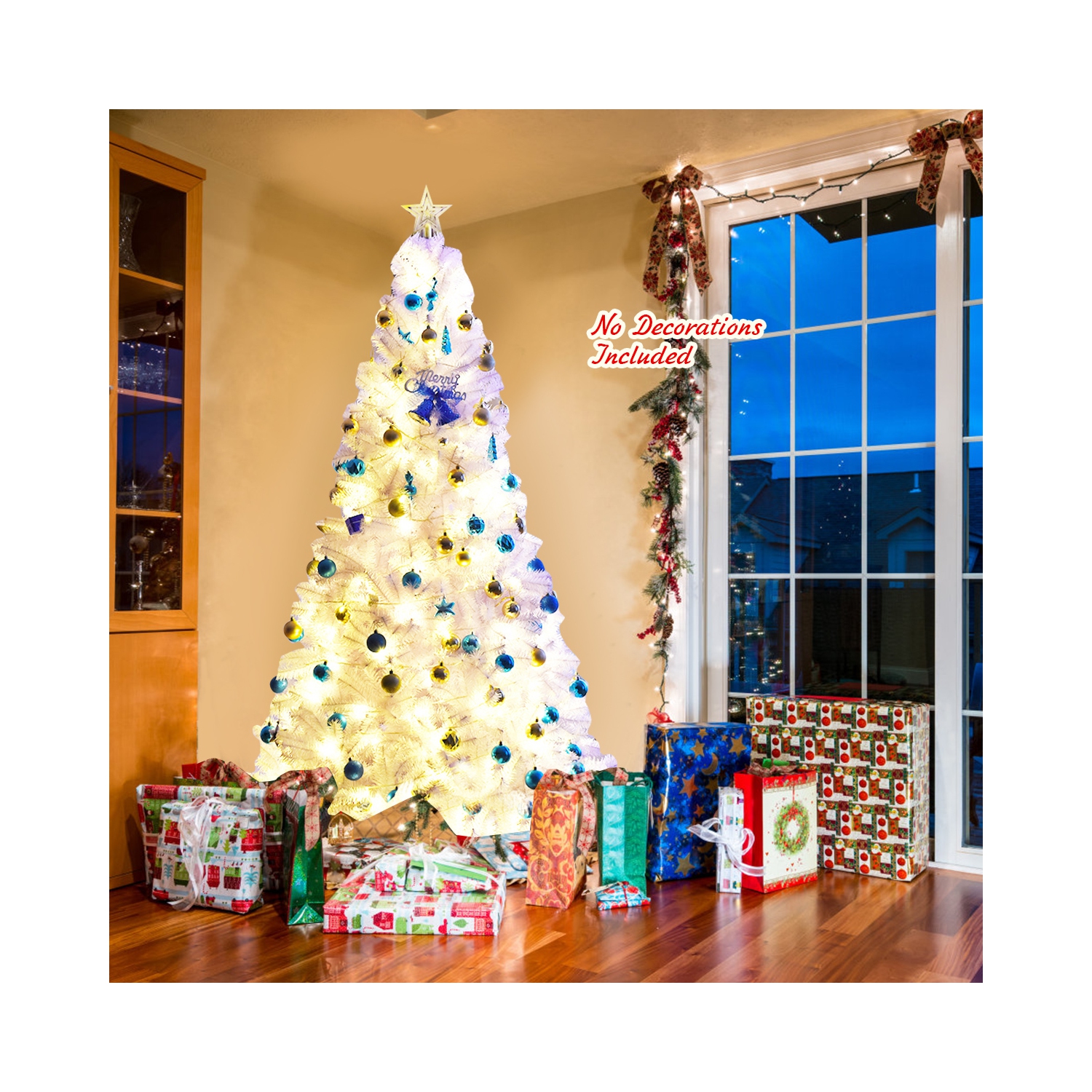 Topbuy 7.5ft White Christmas Pine Tree Hinged Artificial Decoration w/ 1346 Tips & Metal Stand