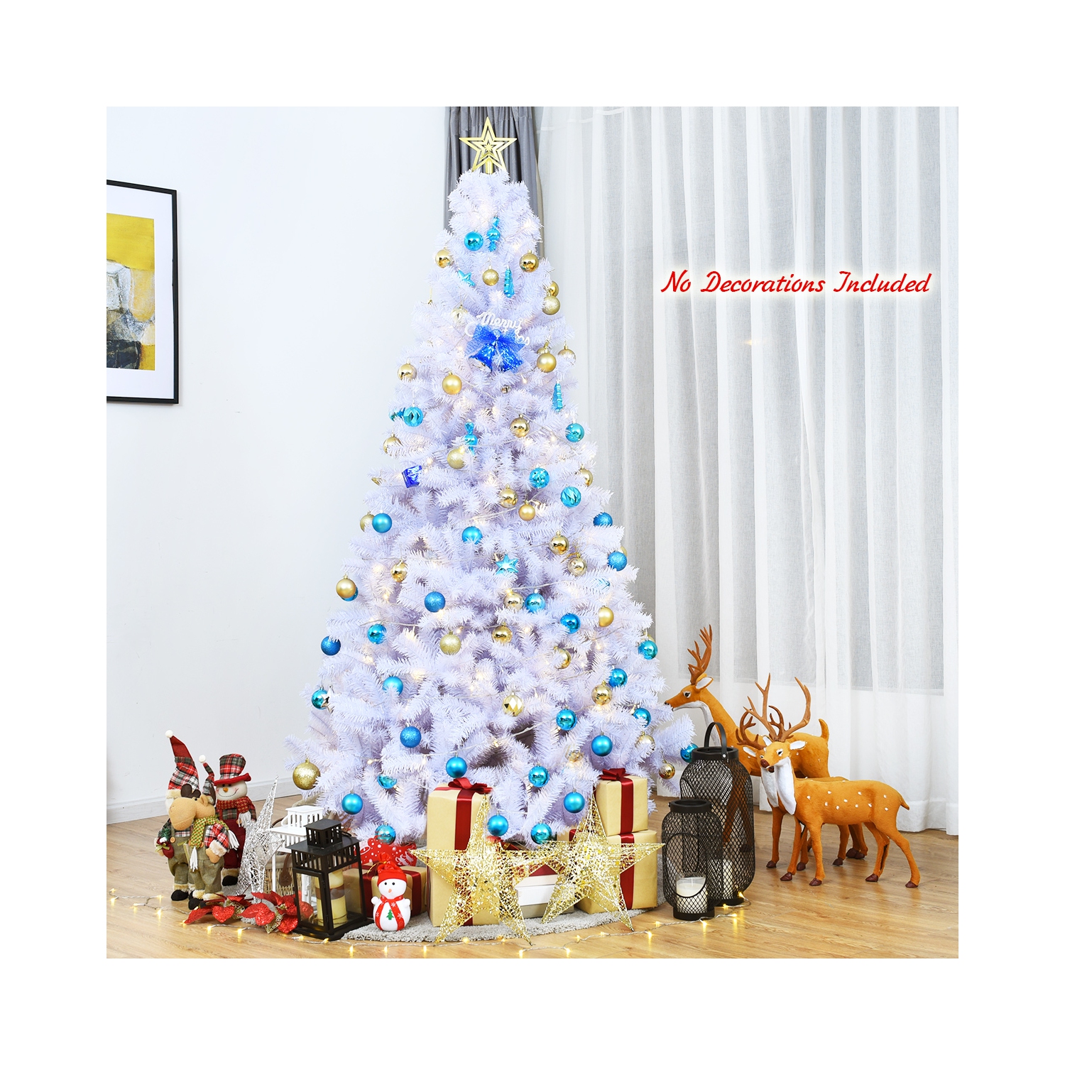 Topbuy 7.5ft White Christmas Pine Tree Hinged Artificial Decoration w/ 1346 Tips & Metal Stand