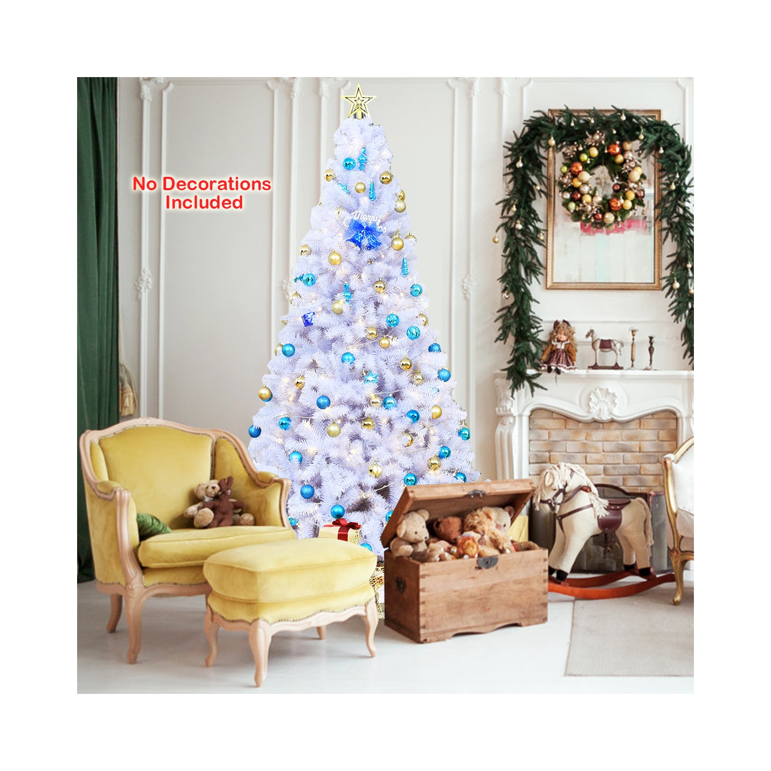 Topbuy 7.5ft White Christmas Pine Tree Hinged Artificial Decoration w/ 1346 Tips & Metal Stand