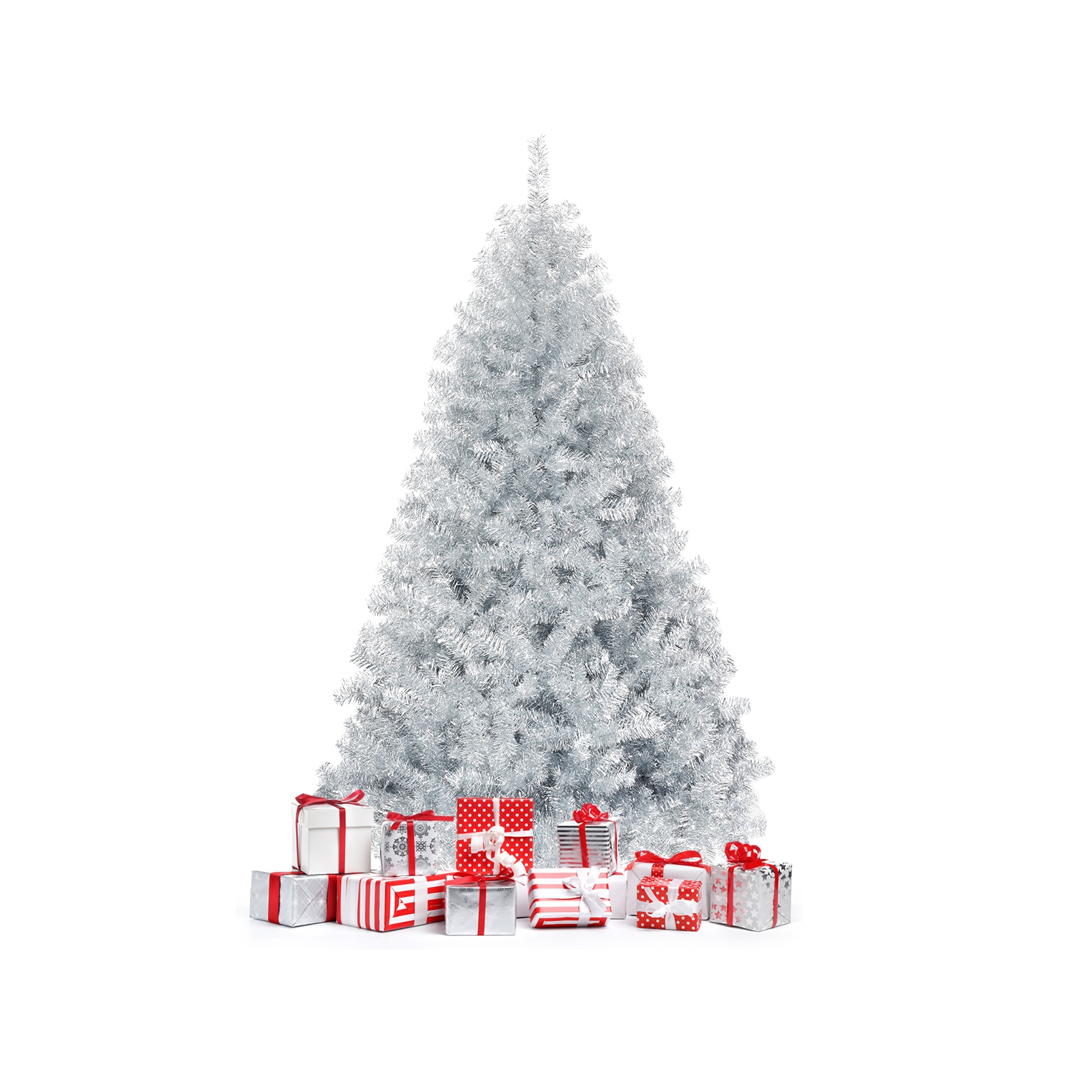 Topbuy 6Ft Hinged Artificial Silver Tinsel Christmas Tree with Metal Stand