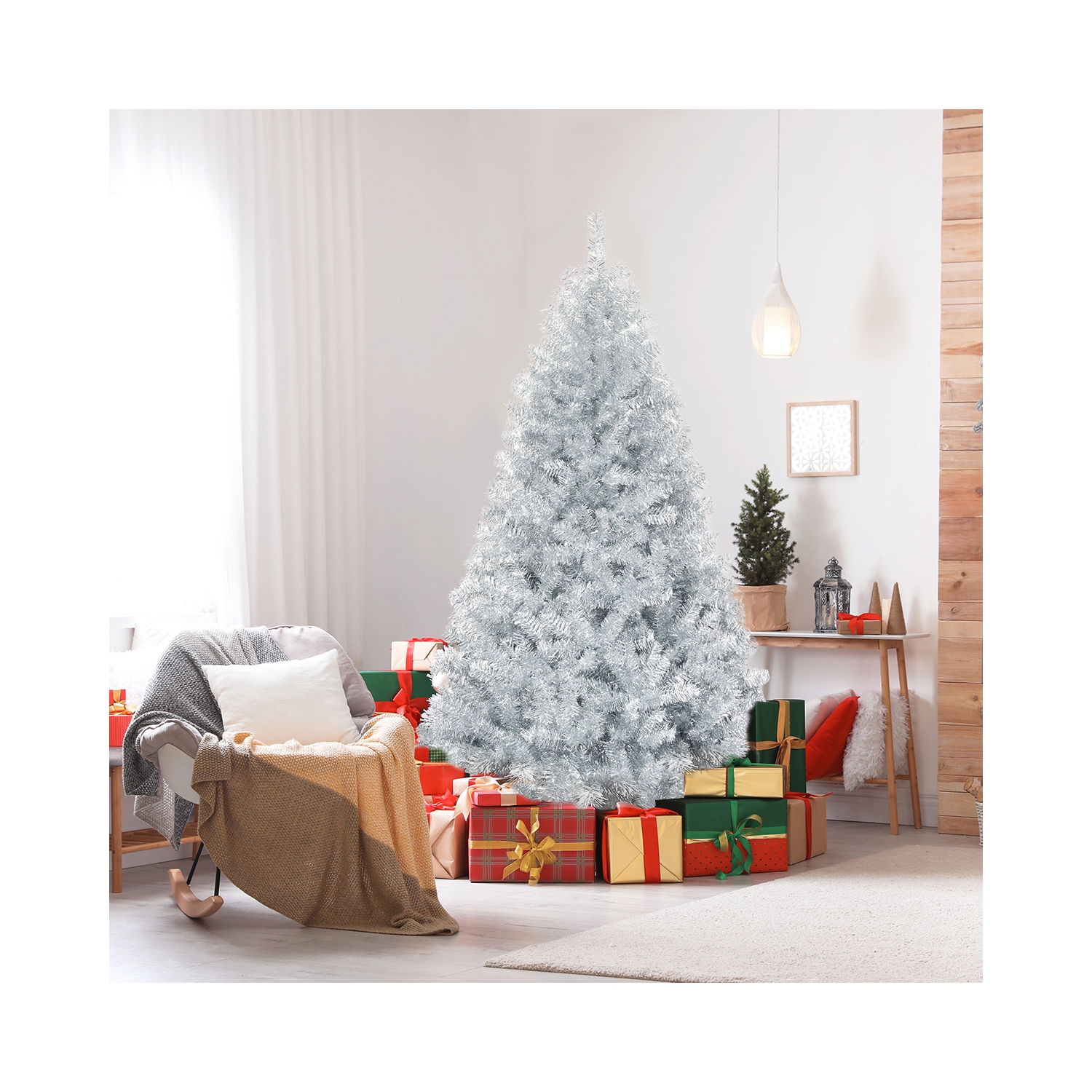 Topbuy 6Ft Hinged Artificial Silver Tinsel Christmas Tree with Metal Stand