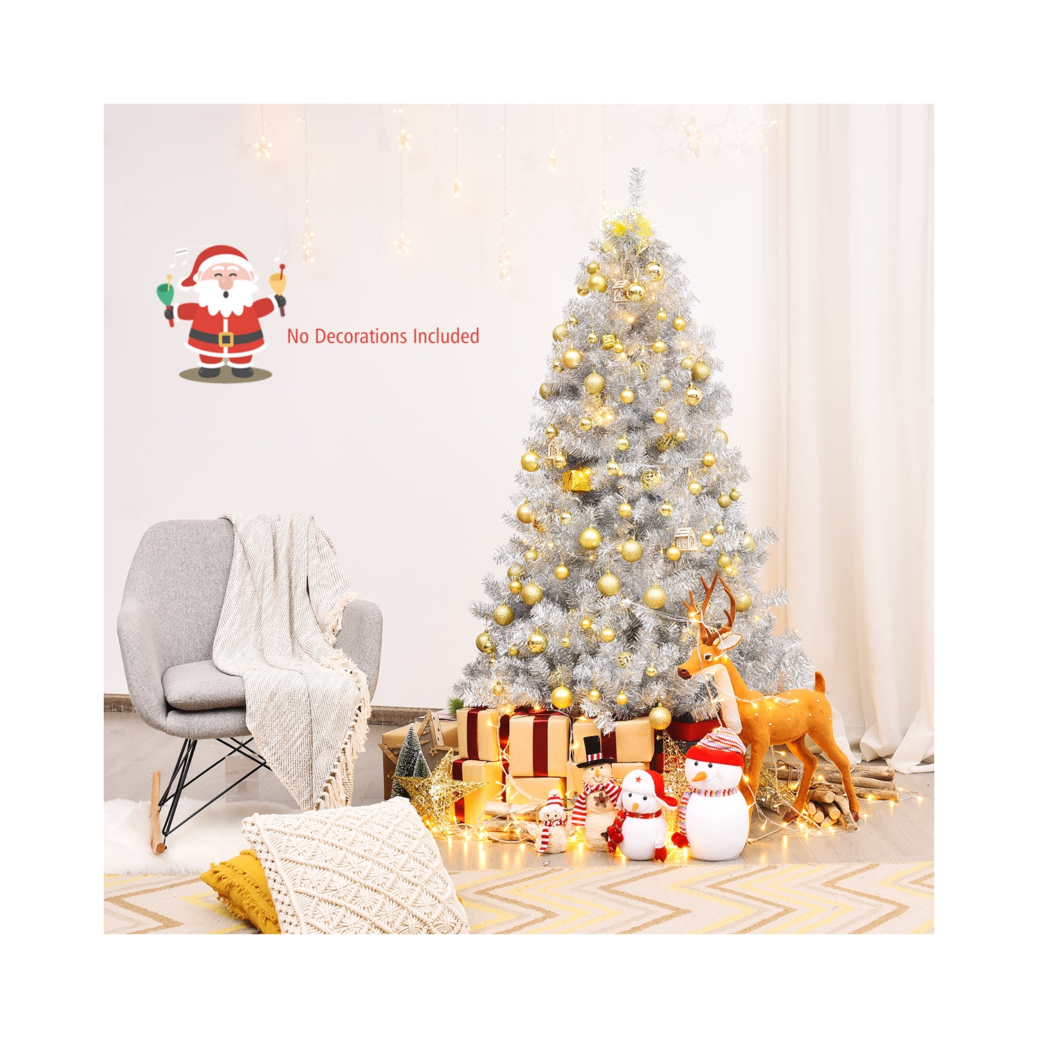 Topbuy 6Ft Hinged Artificial Silver Tinsel Christmas Tree with Metal Stand